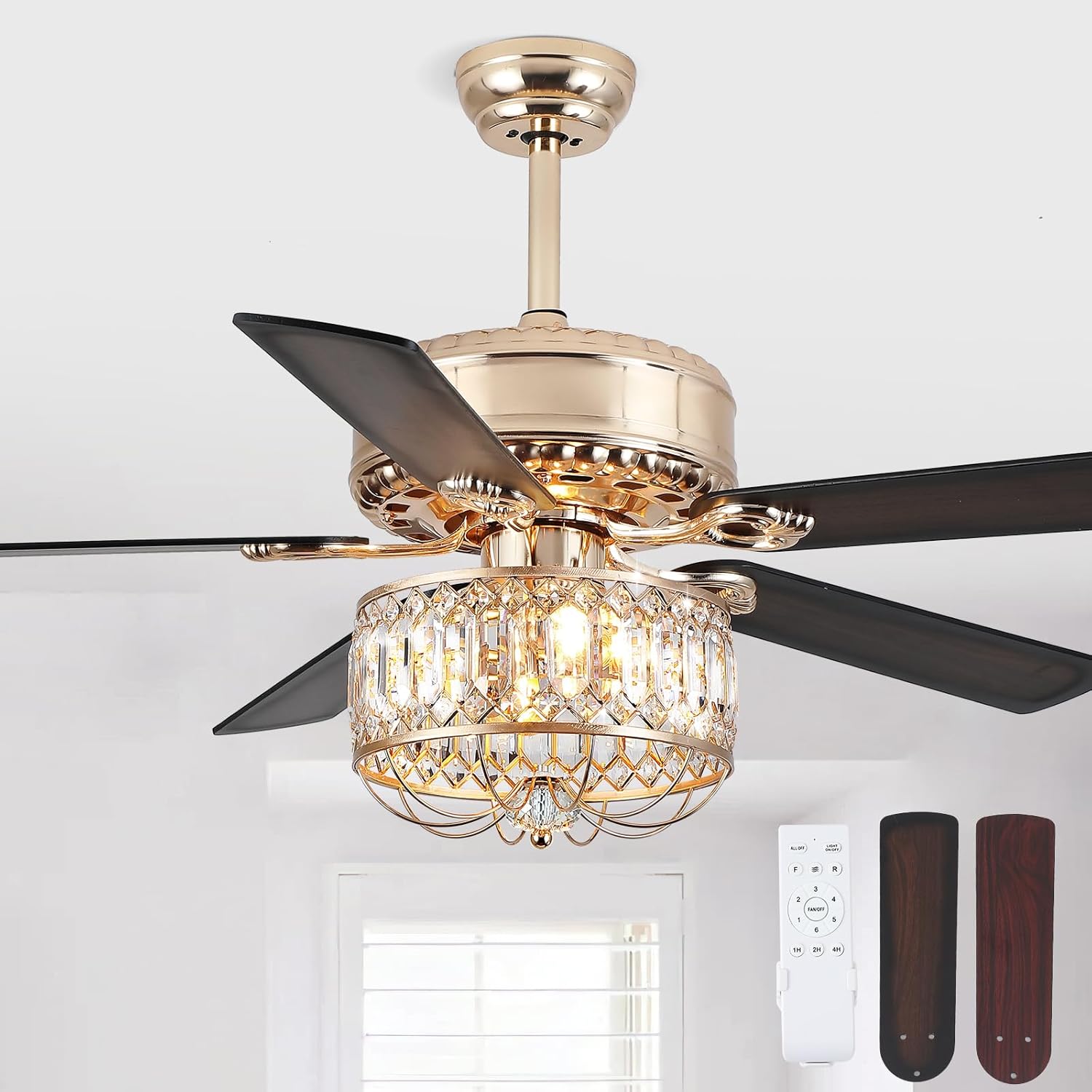 Farmhouse Ceiling Fans with Lights and Remote, 52 Inch Indoor Chandelier Ceiling Fan with Light, Crystal Fandelier Ceiling Fans for Living Dining Room Bedroom, Wood Blades, Quiet, Gold