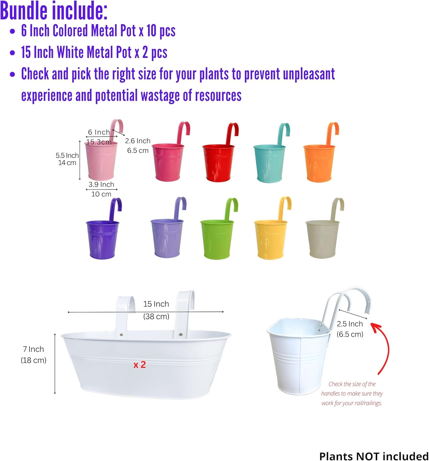 LaLaGreen Bundle- 10 Pack, 6 Inch Colored Metal Pot + 2 Pack, 15 Inch White Metal Pot Hanging Flower Planter Bucket Boxes with Hook Balcony Fence Rail Deck Porch Window Boho Style Garden Outdoor Decor