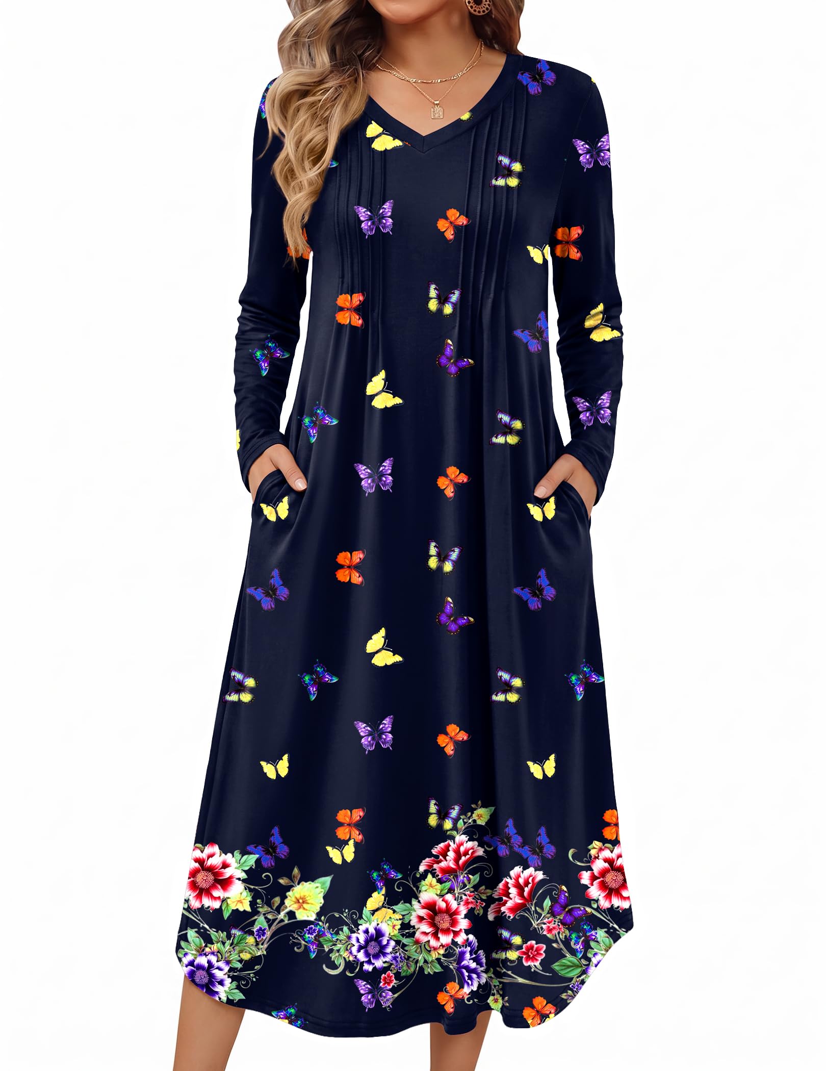 Ekouaer Women's Long Sleeve Nightgown Long Sleepshirt Pleated Sleep Dress