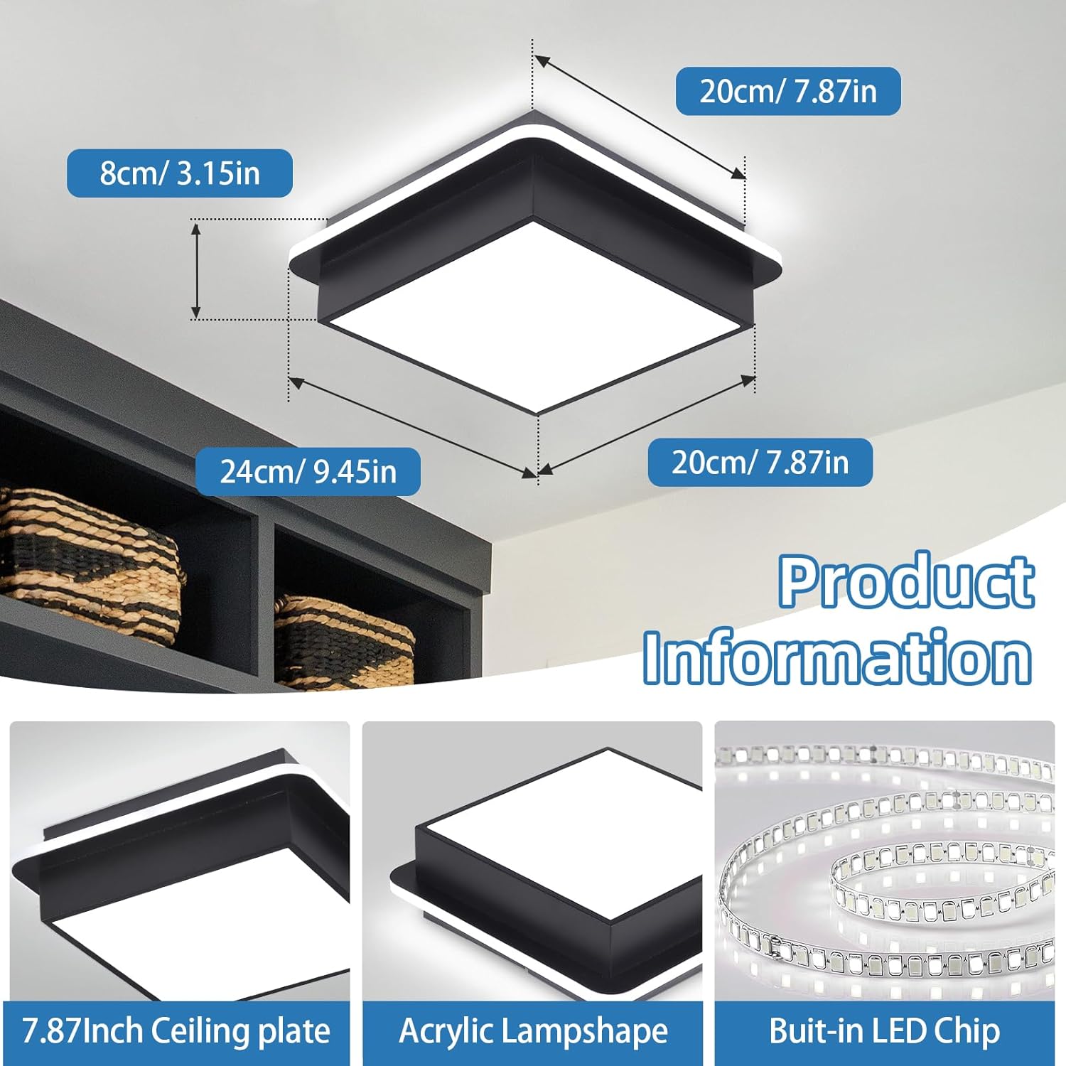 Modern Led Ceiling Light, 6000K Square Flush Mount Ceiling Light Fixture, Black Hallway Lighting Fixtures for Hallway Entryway Bedroom Balcony Bathroom Ceiling Lamp (All Black)