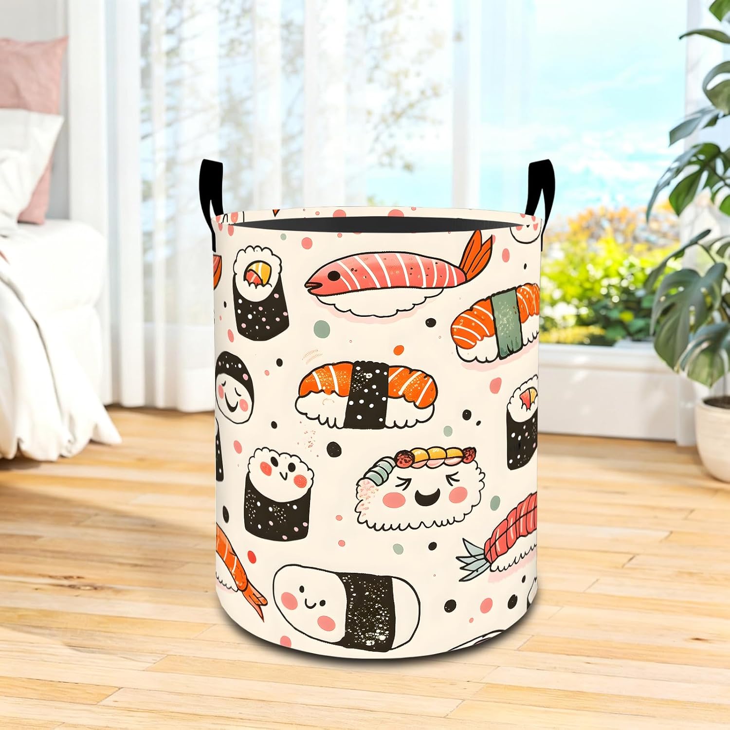 Cartoon Sushi Food Laundry Basket Japanese Snack Waterproof Oxford Fabric Cloth Storage Hamper, 19.7x15.7inch Cute Kitchen Portable Dirty Baskets Decor Gifts for Living Room Bathroom