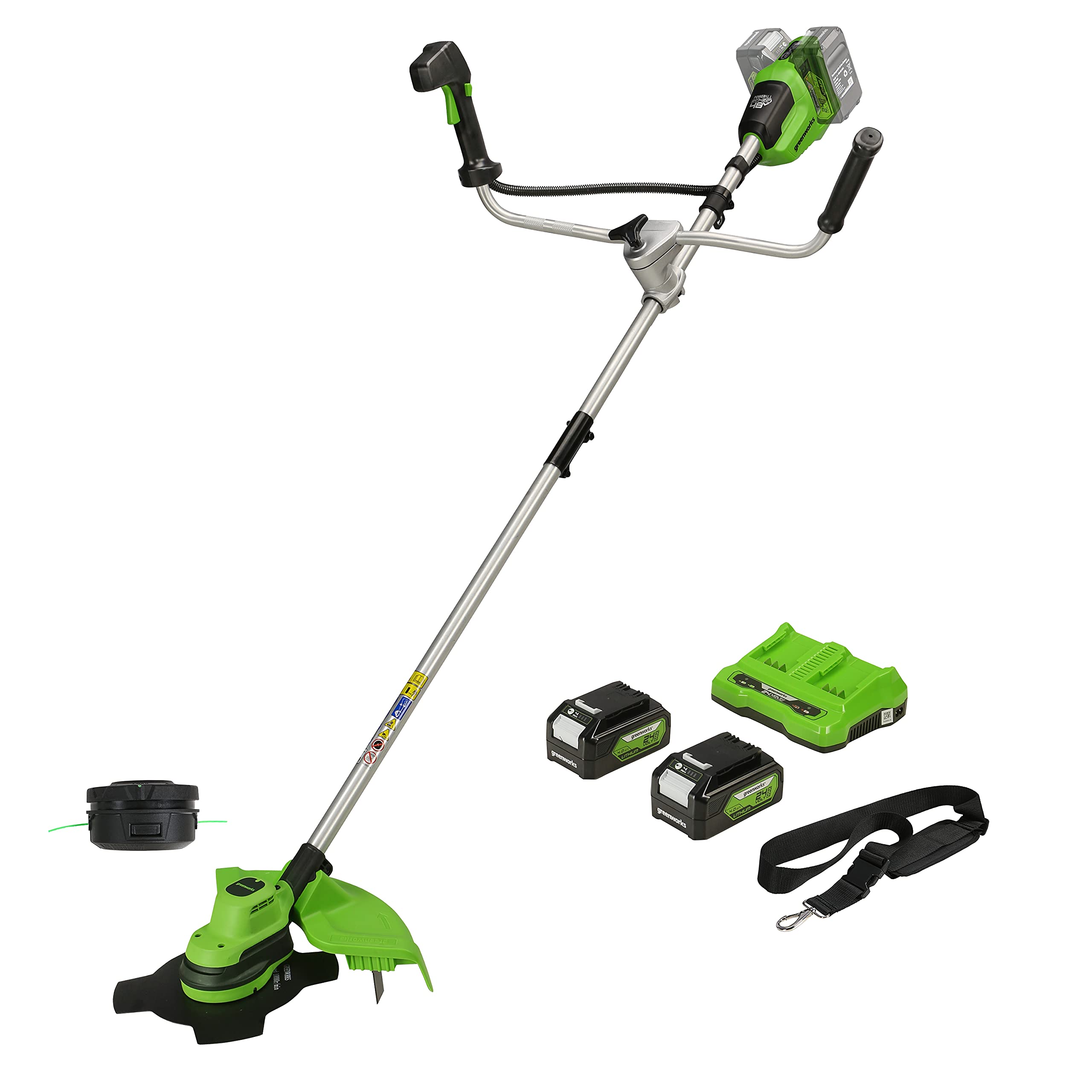 Greenworks 48V (2x24V) débroussailleuse sans fil avec coupe-bordures sans balais, largeur de coupe 38cm, lame de 25cm, deux batteries 24V 4Ah et chargeur GD24X2BCB + lame de débroussailleuse supplémen