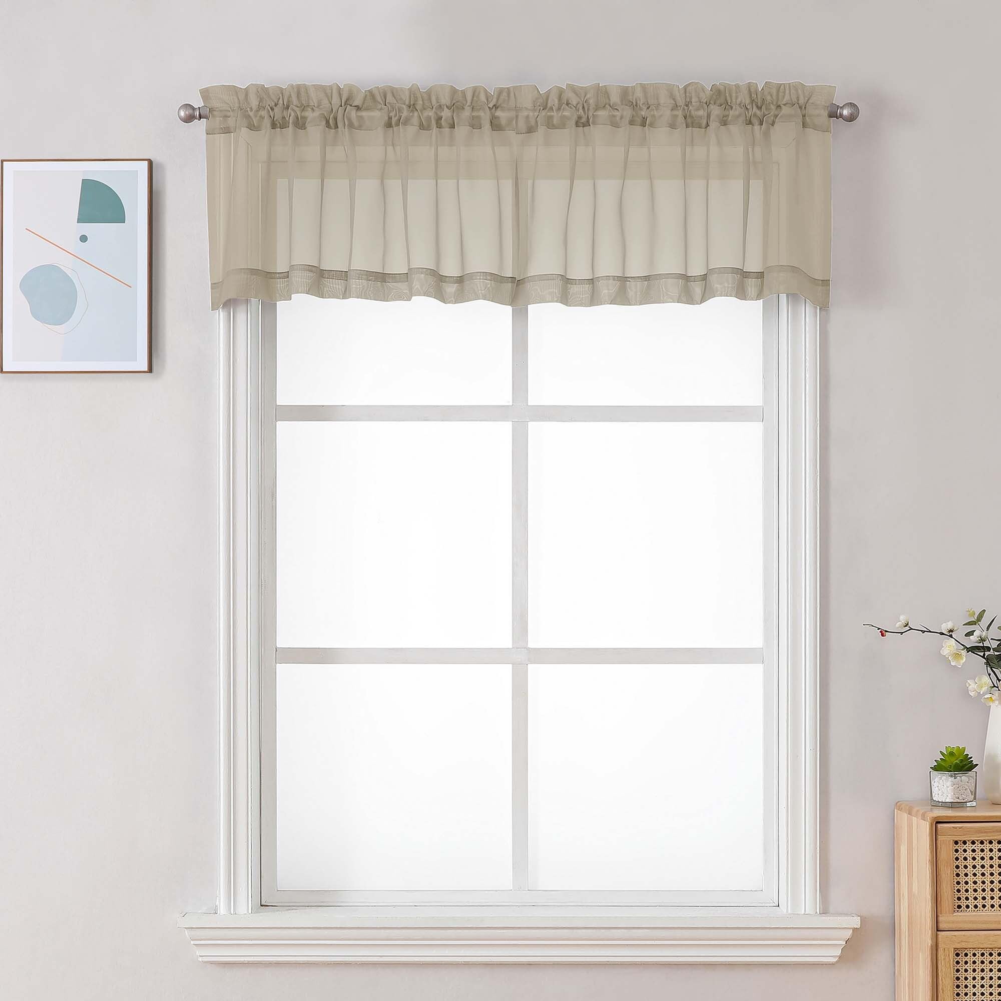 Chyhomenyc Taupe Sheer Valance for Windows, 42Wx12L, 2 Pack | Light Filtering Voile Soft Airy Topper Small Window Treatment Rod Pocket, Living Room Bedroom Laundry Basement