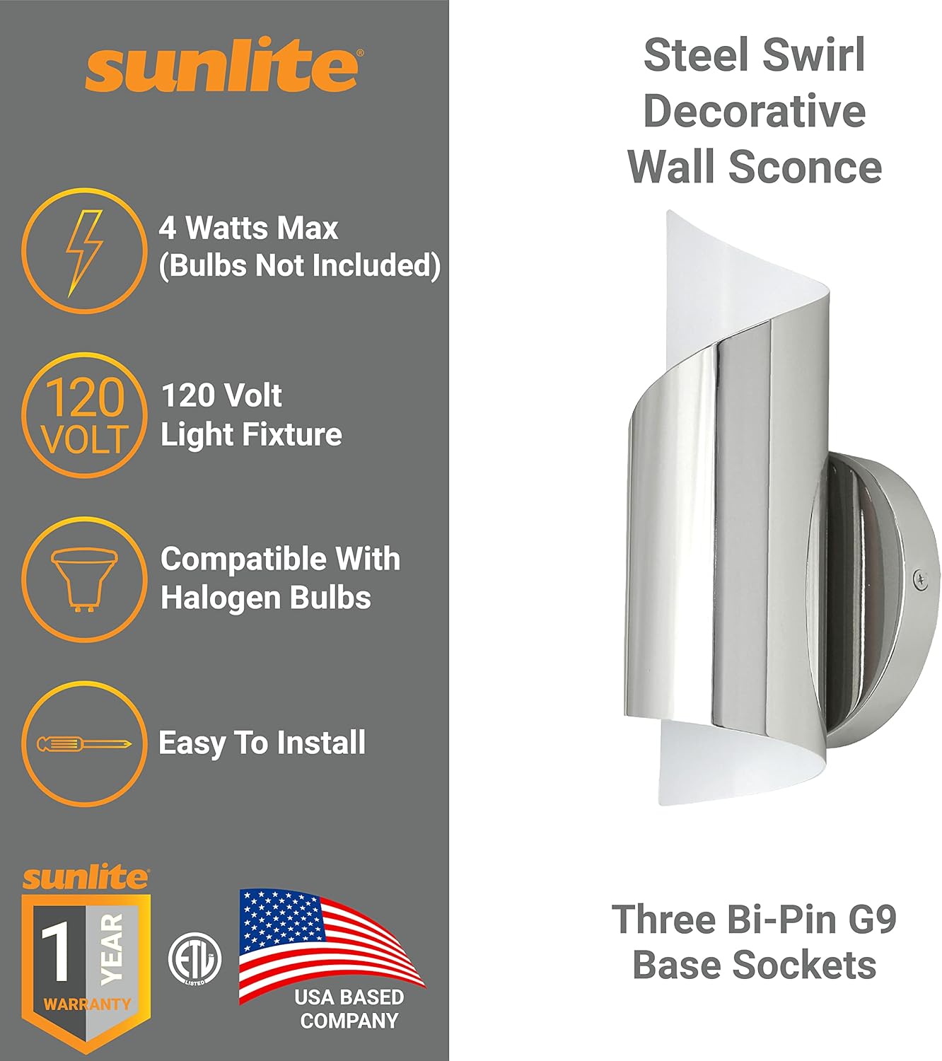 Sunlite 46059 Steel Swirl Decorative Wall Sconce Fixture, G9 Base Socket, 120 Volts, Polished Nickel, ETL Listed, for Residential & Commercial Use