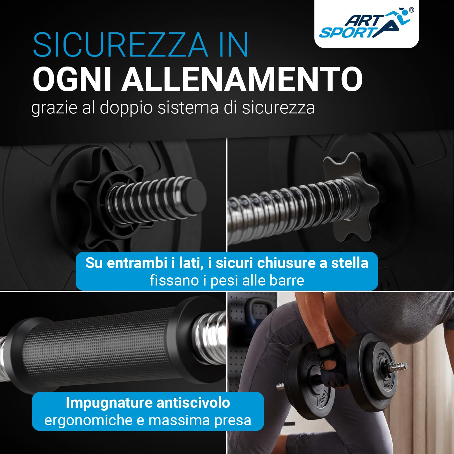 ArtSport set di manubri corti 3in1 con 2 manubri, 1 bilanciere e 1 manubrio Curl SZ - 12 pesi da 60kg e serrature a stella| Set di manubri per l'allenamento muscolare