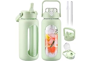 BLUEGO Glass Bottle with Straw and Lid, 64oz Half Gallon Large Water...