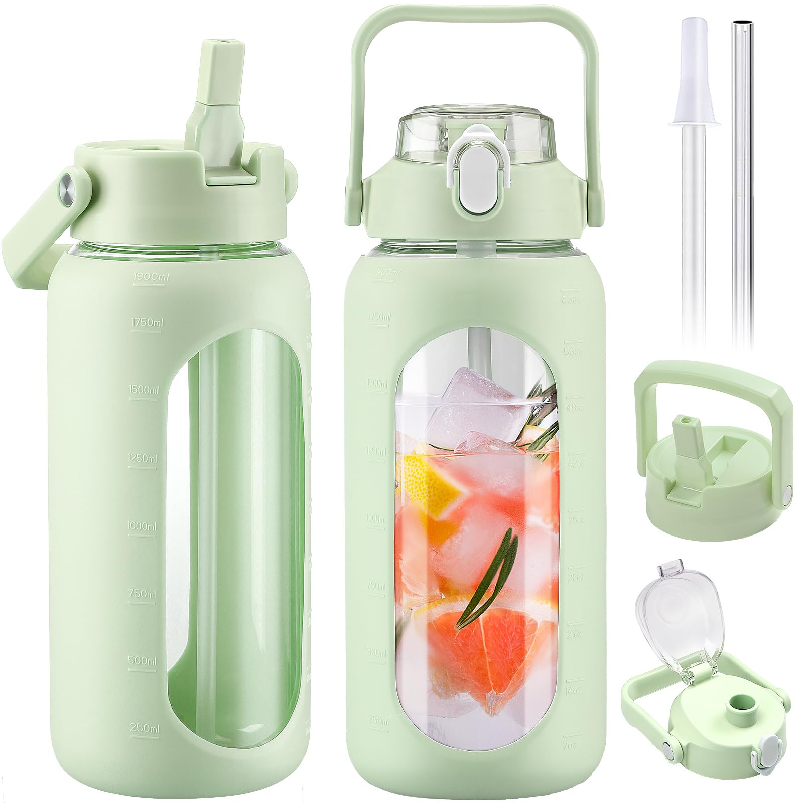 BLUEGO 2000ml Bottiglie d'acqua in vetro con 2 coperchi Bottiglia d'acqua con cannuccia 2L Bottiglia d'acqua grande con indicatori di capacità per sport A prova di perdite, Verde