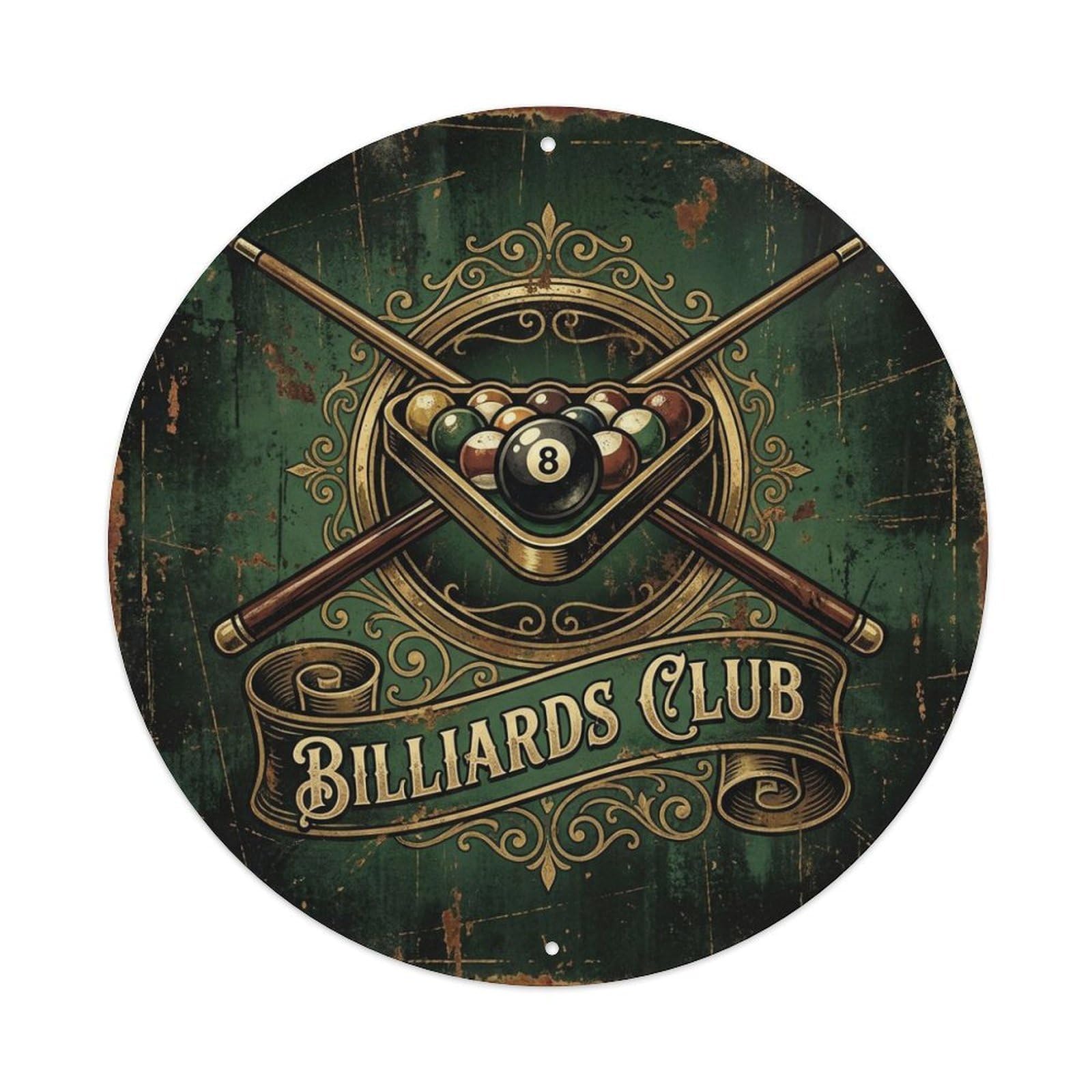 Billiards Club Vintage Pool Hall Eight Ball Classic Bar Metal Tin Sign Plaque Wall Decor for Cafe, Man Cave, Club Bar, Office, Home Garden Round Metal Poster 8x8Inch