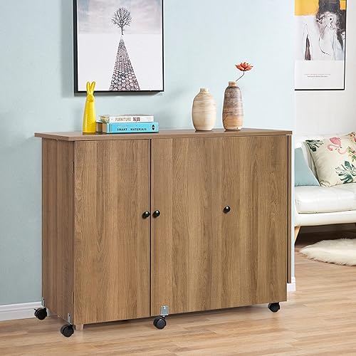 Miniatura 2 de UJOYPAYD Mesa de coser plegable de madera carrito de costura grande con estantes de almacenamiento ajustables y ruedas con bloqueo escritorio