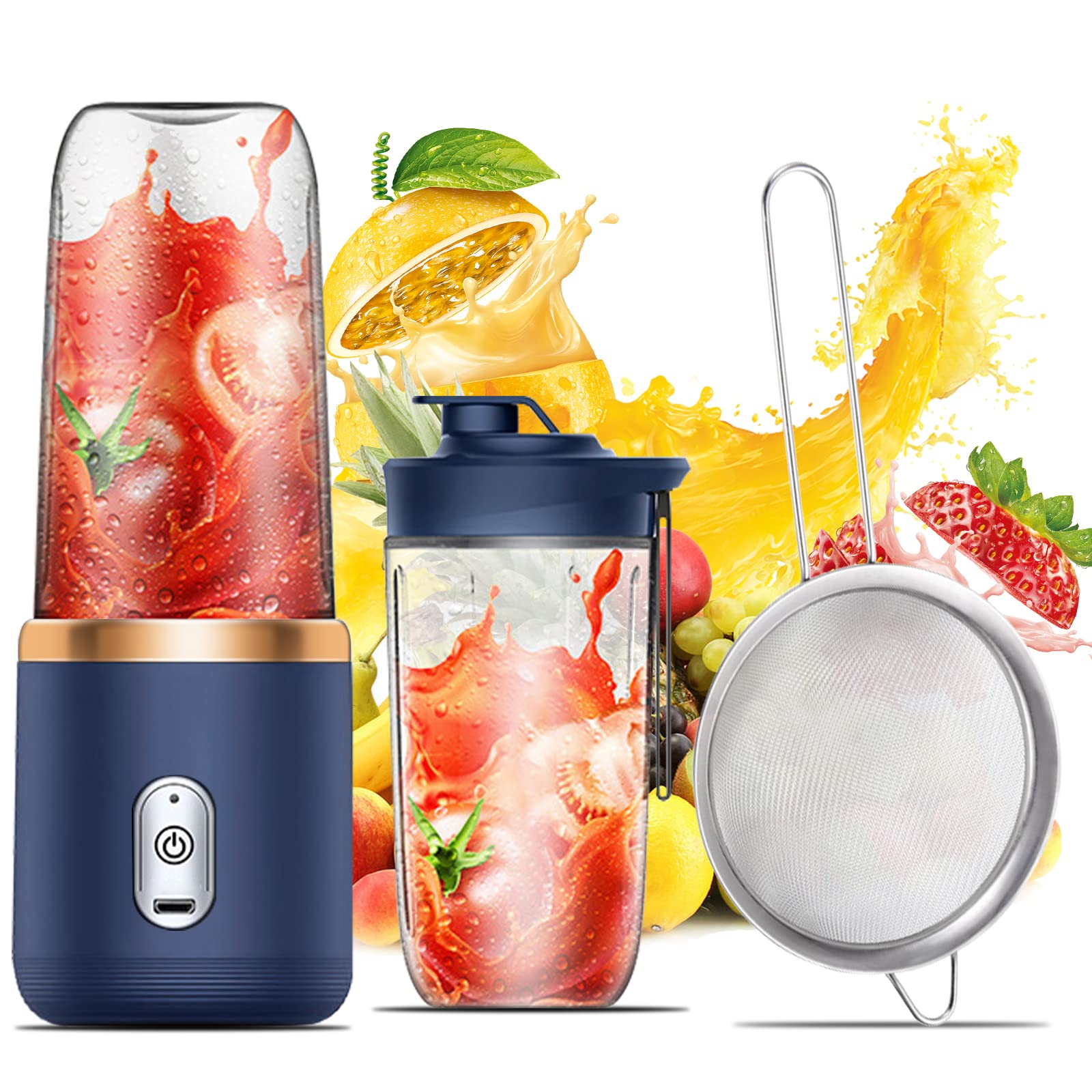 UCHUANG Portable Blender, Personal Size Electric Mini Blender USB Rechargeable with 2 Portable Bottle 1 Small fine Mesh Filter BPA-Free Handheld Juicer cup for Shakes and Smoothies