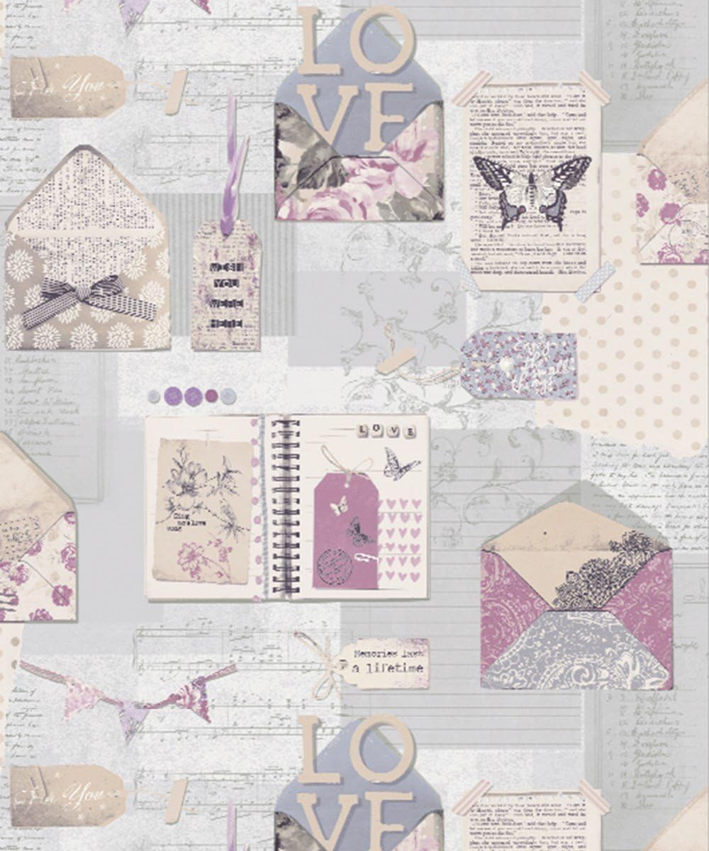 Arthouse, PS I Love You Vintage Inspired Wallpaper, Lilac Purple