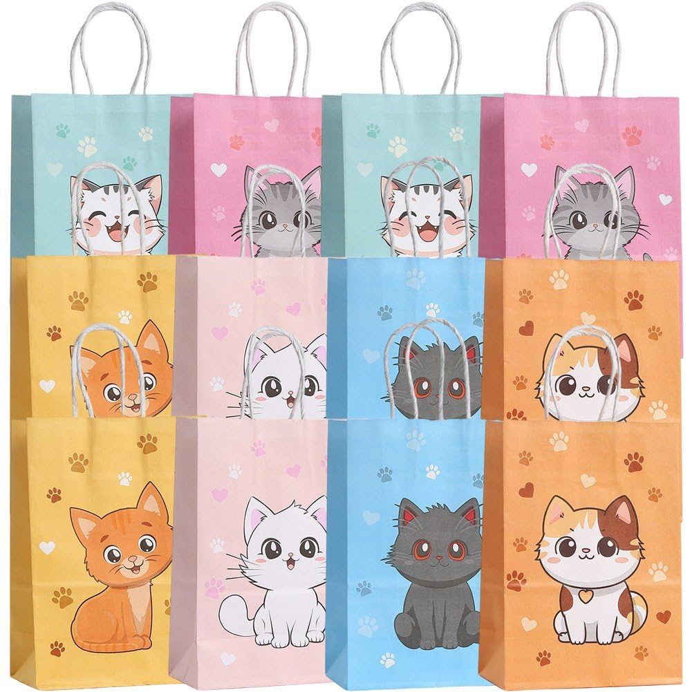 Danlai 12 Pcs Cartoon Cat Paper Bag, Portable Pouch for Candy and Baby Shower Birthday Party Packing Use
