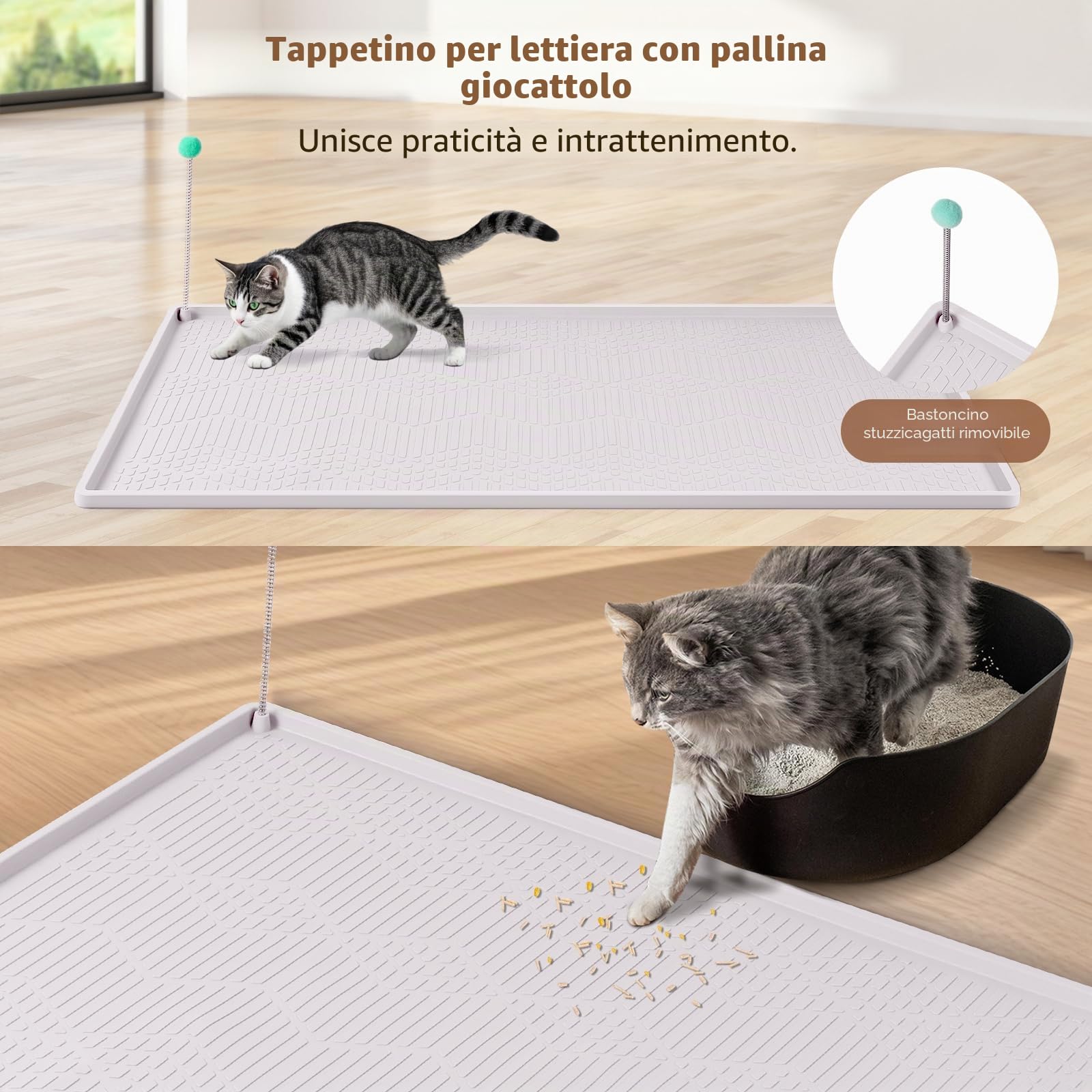 86x56CM Tappetino Lettiera Gatto Silicio con Bacchetta giocattolo per gatti, Tappeto per lettiera gatto grande impermeabile lavabile per raccogliere la lettiera gatti(bianco)
