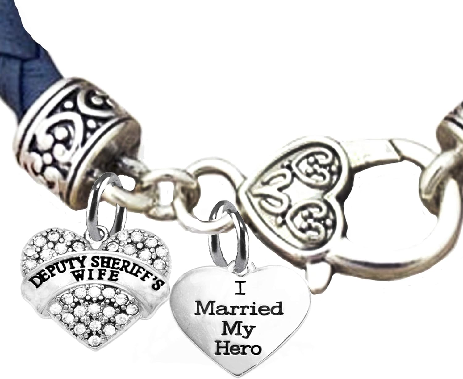 Cardinali Jewelry Deputy Sheriff's Wife, I Married My Hero, On A Genuine Dark Navy Blue Leather Bracelet, Hypoallergenic Safe-Nickel, Lead And Cadmium Free