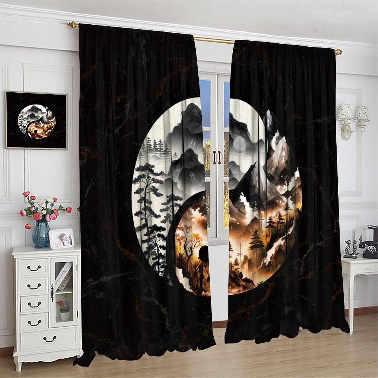 Watercolor Forest Yin Yang Blackout Curtains for Bedroom, Vintage Ink Japanese Style Yin Yang Full Moon Marble Design Rod Pocket Thermal Darkening Curtains Bedroom Curtains 2 Panels 72"L x 31.5"W