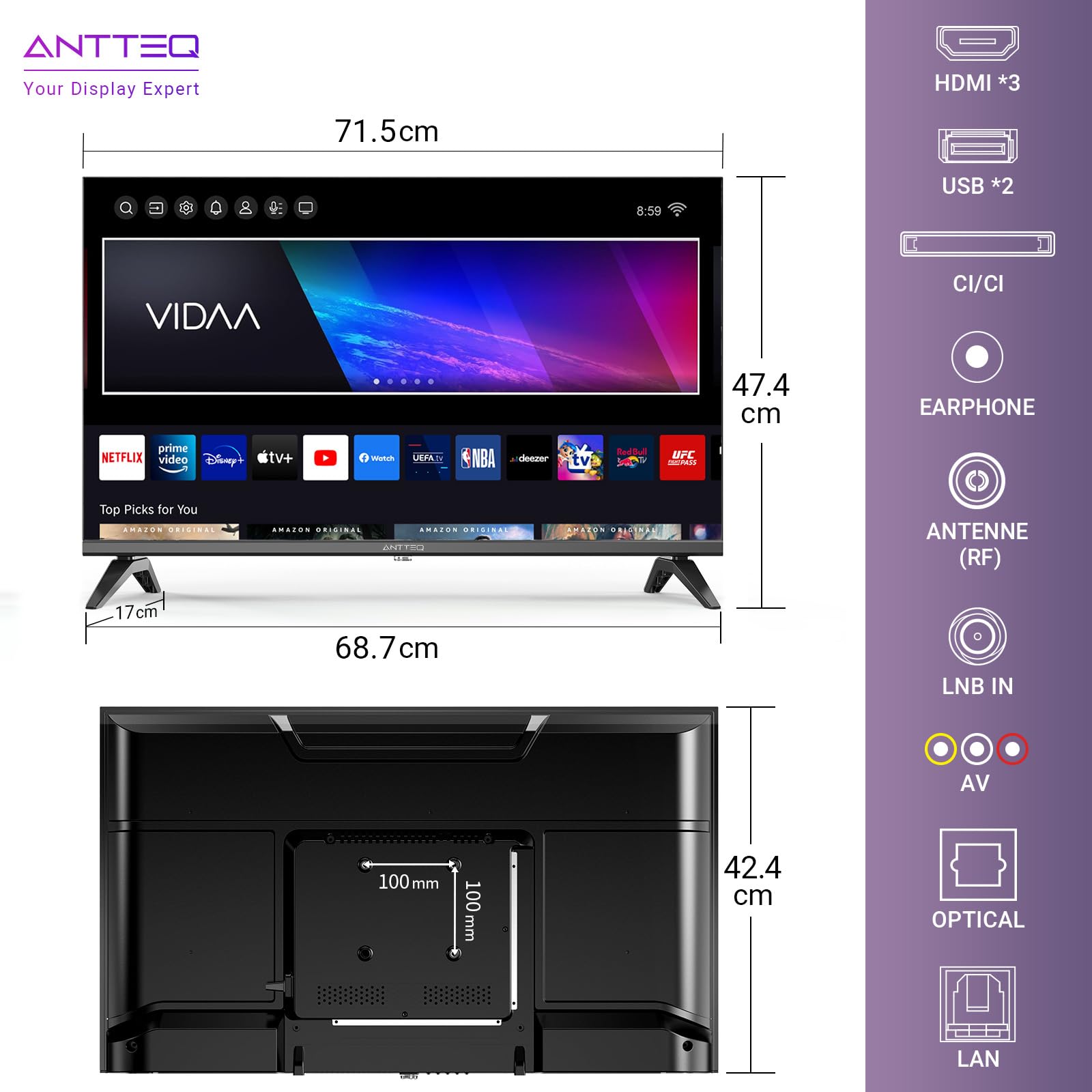 Antteq Vita Smart TV 32 Pulgadas,(Televisores 81cm) 2K D-LED,App Store,Share to TV,Netflix/Youtube/Pluto TV,WiFi,Modelo 2024