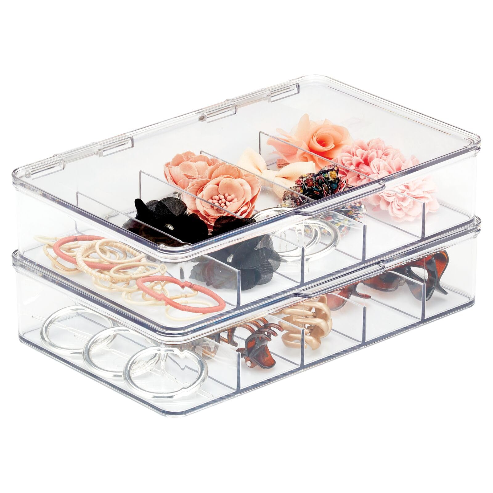 mDesign Plastic Divided Stackable Hair, Makeup & Jewelry Organizer Box with Hinge Lid for Bathroom Vanity Countertop - 5 Sections - Stores Hair Clips,