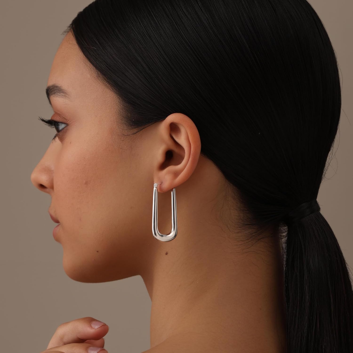 LeCalla 925 Sterling Silver Chunky Hoop Earrings for Women | Large Rectangle Shaped Earring Hoops | Handmade Classic Oval Textured Click-Top Big Hoops Earring for Women Gifts - Image 2