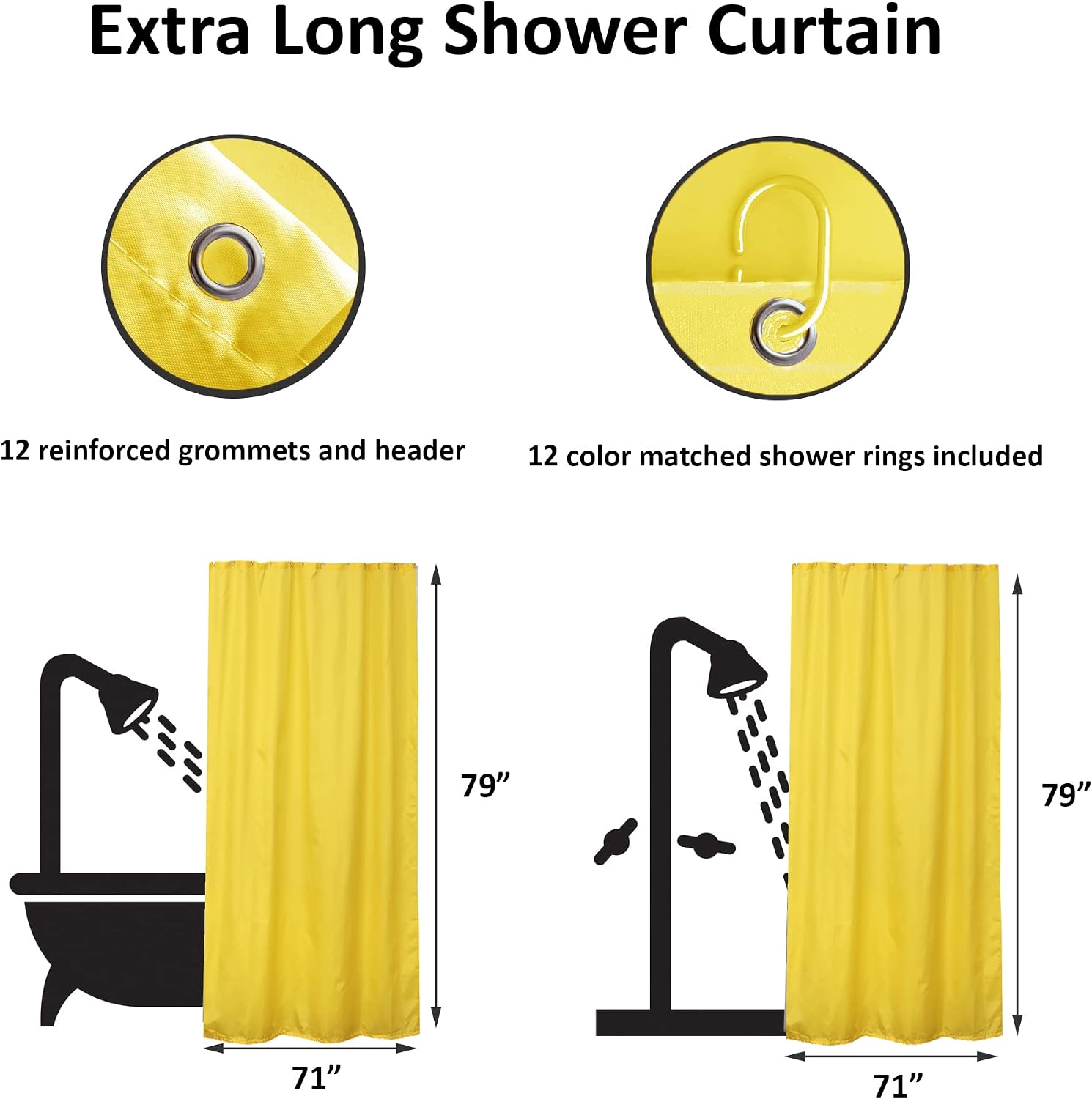 EVIDECO French Home Goods Yellow Extra Long Shower Curtain Polyester 12 Rings 79" L x 71" W