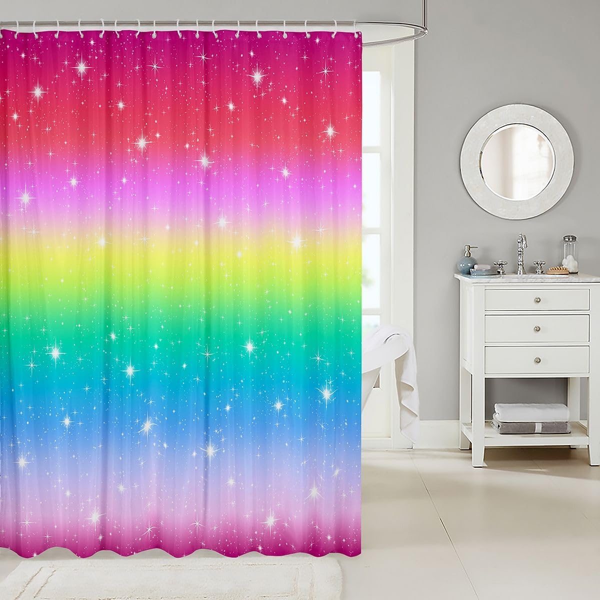 Erosebridal Girls Rainbow Shower Curtain, Tie Dye Bath Curtain Glitter Ombre Shower Stall Curtain for Kids Teens Women, Starry Sky Pastel Sparkle Bathtub Shower Curtain, Colorful, 72" W X 78" L