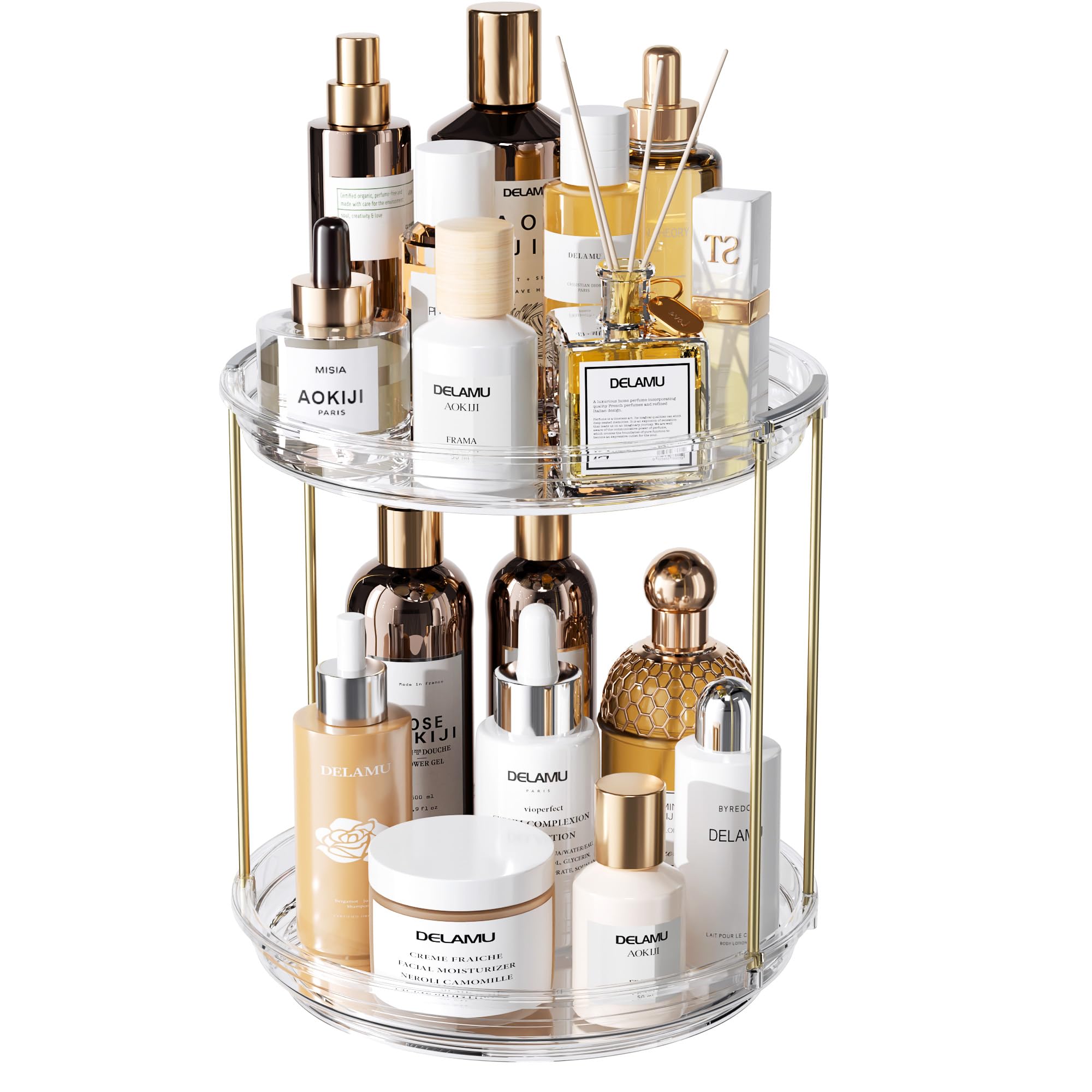 Photo 1 of **MISSING PARTS**
Delamu Rotating Makeup Organizer for Vanity, 2 Tier Skincare Organizer for Bathroom Counter, Spinning Perfume Organizer Cosmetic Holder with Large Capacity, Clear