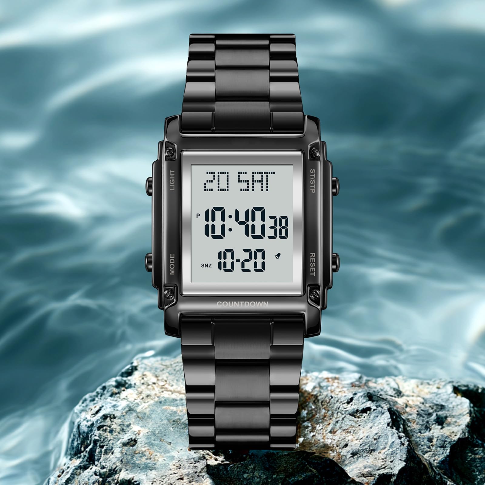 findtime Orologio da polso digitale da uomo, al quarzo, numeri grandi, lussuoso, cinturino in metallo, LED, doppio orario, data 12/24h, cronometro Coutdown, uomini anziani