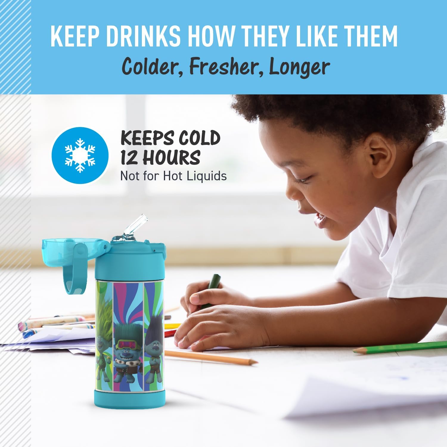 THERMOS FUNTAINER Water Bottle with Straw - 12 Ounce - Kids Stainless Steel Vacuum Insulated Water Bottle with Lid, Trolls 3 - Image 5