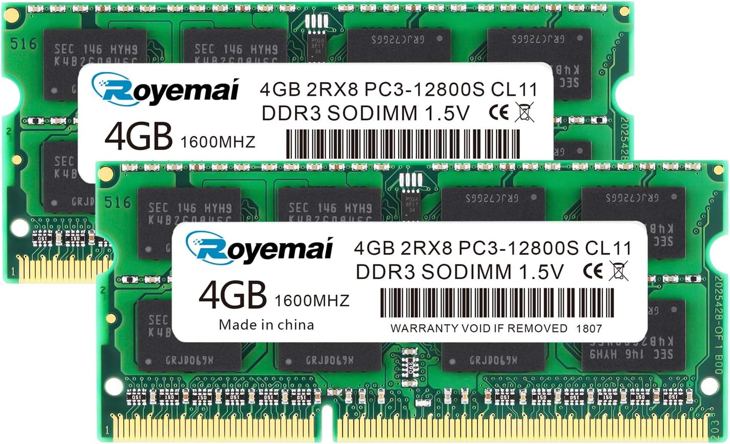 8GB Kit (2x4GB) DDR3 1600MHz SODIMM RAM, Royemai PC3-12800 2Rx8 1.35V 1.5V CL11 204-pin Notebook Laptop RAM Memory Module
