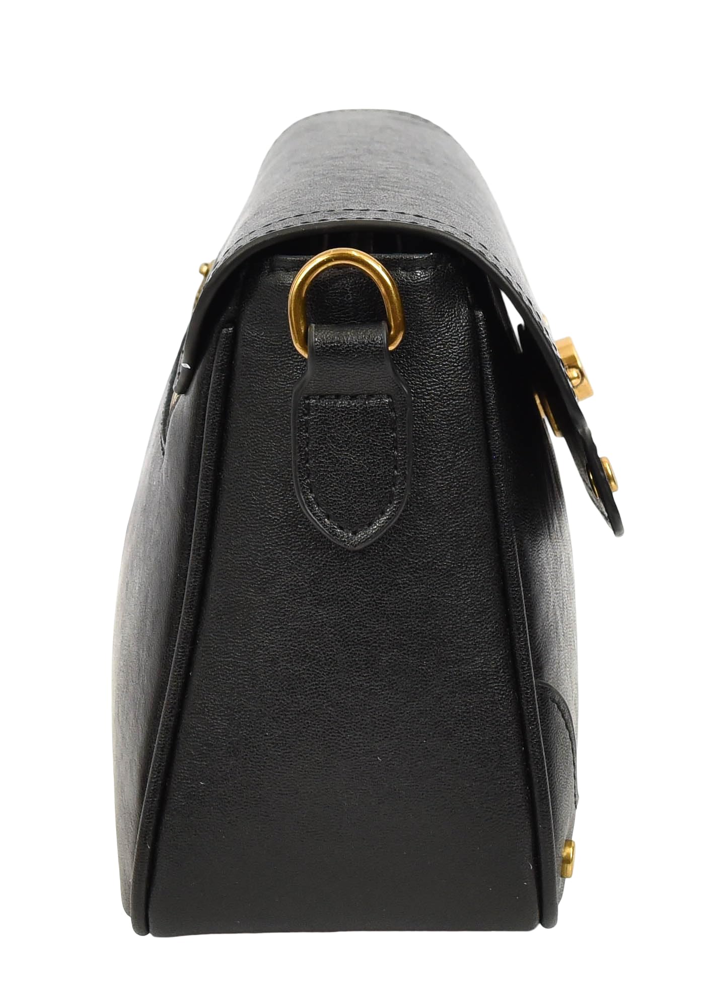 Bolso cruzado de cuero con solapa para mujer, bolso de hombro con cierre giratorio con herrajes dorados, tachuelas en las esquinas, bolsillo trasero con cremallera y forro beige |
