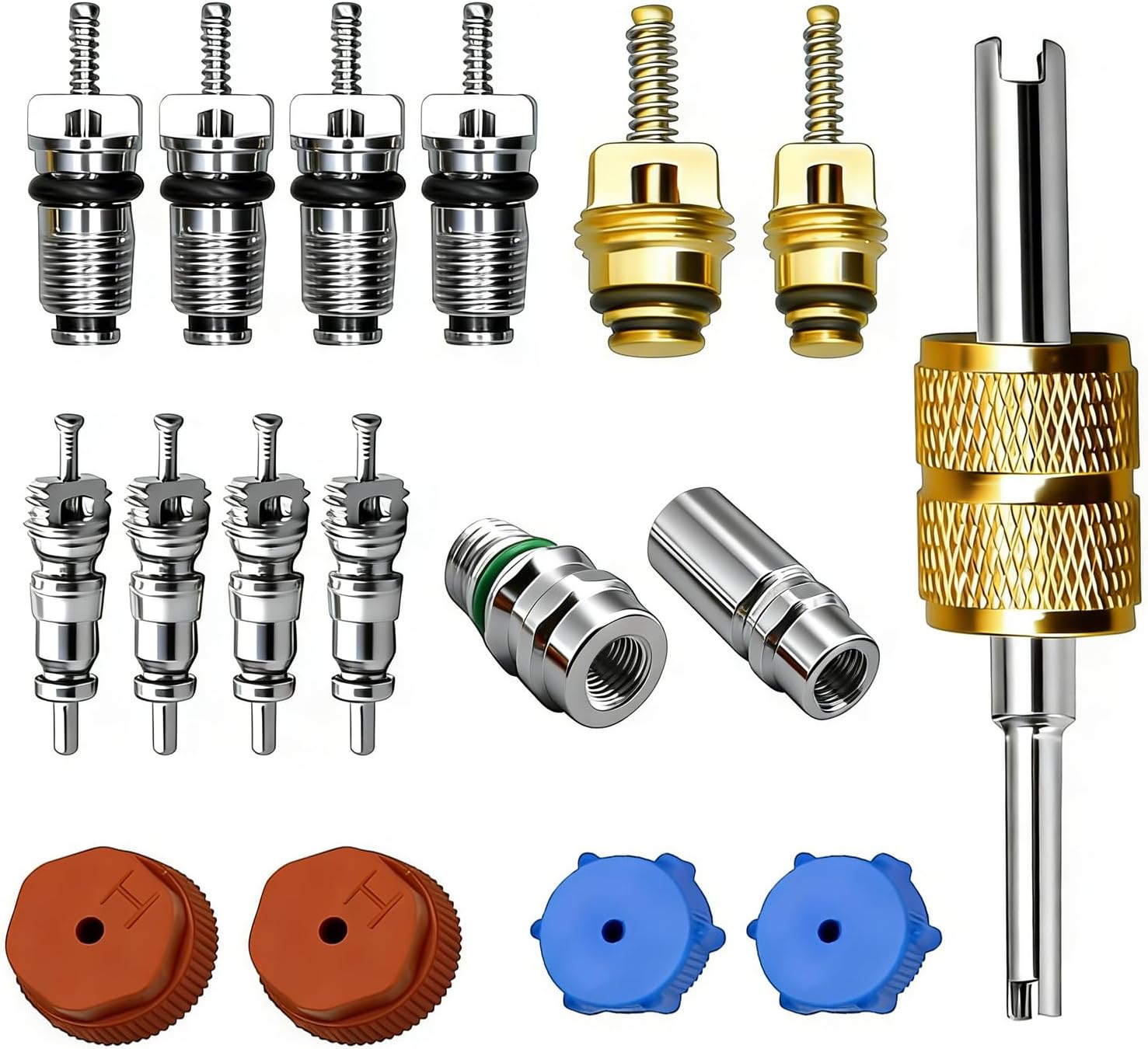 17 PCS Air Conditioning Valve Core Kit, Refrigeration System R12 to R134a Conversion Kit, A/C Removal Tool Service Port Seal Cap, Universal Car Air Conditioning Accessories (Multicolored)