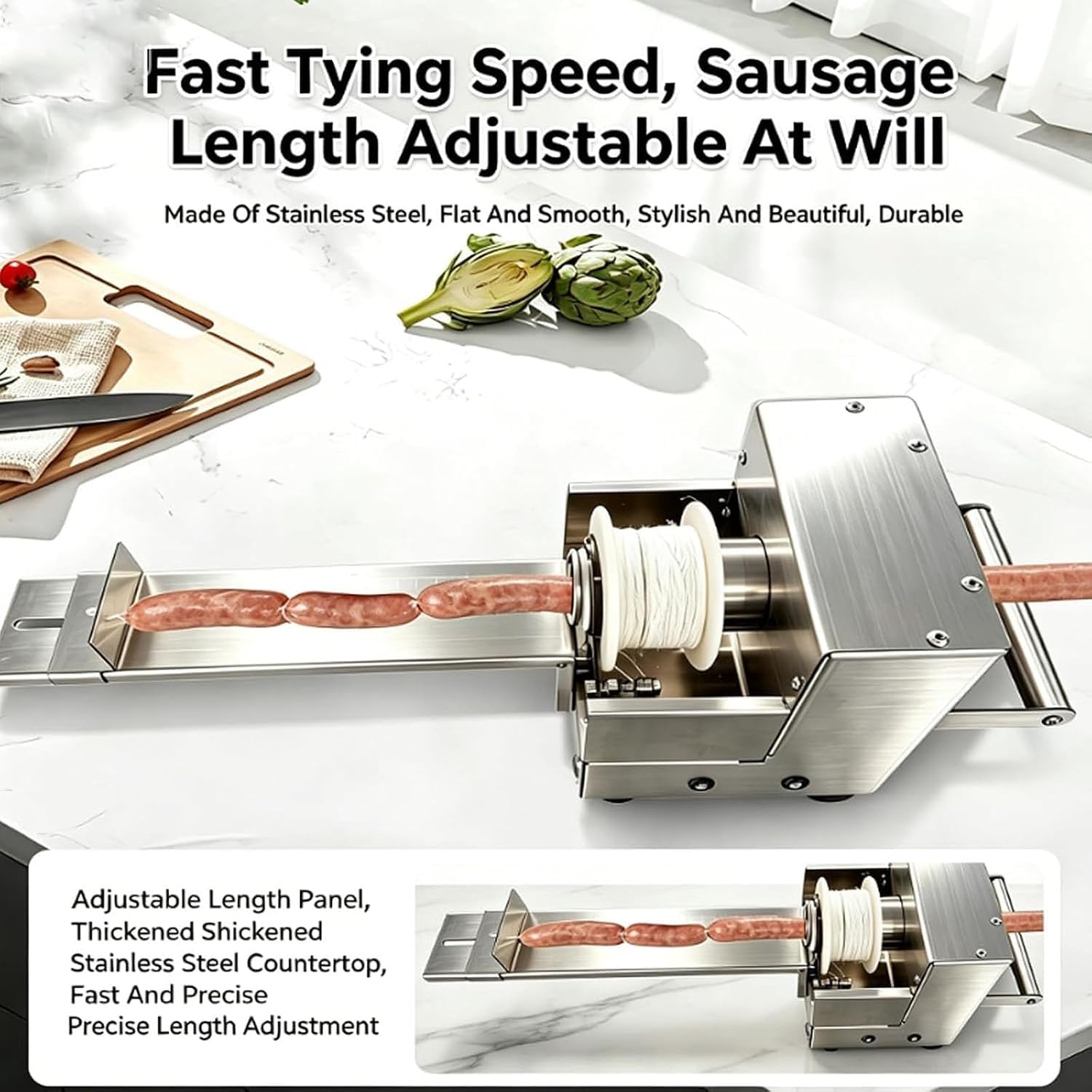Legatrice Automatica Per Salsicce, In Acciaio Inox, Con Pedale, Apertura Di Alimentazione Di 43 Mm, Scala Regolabile Da 18 Cm, Per La Produzione Alimentare.