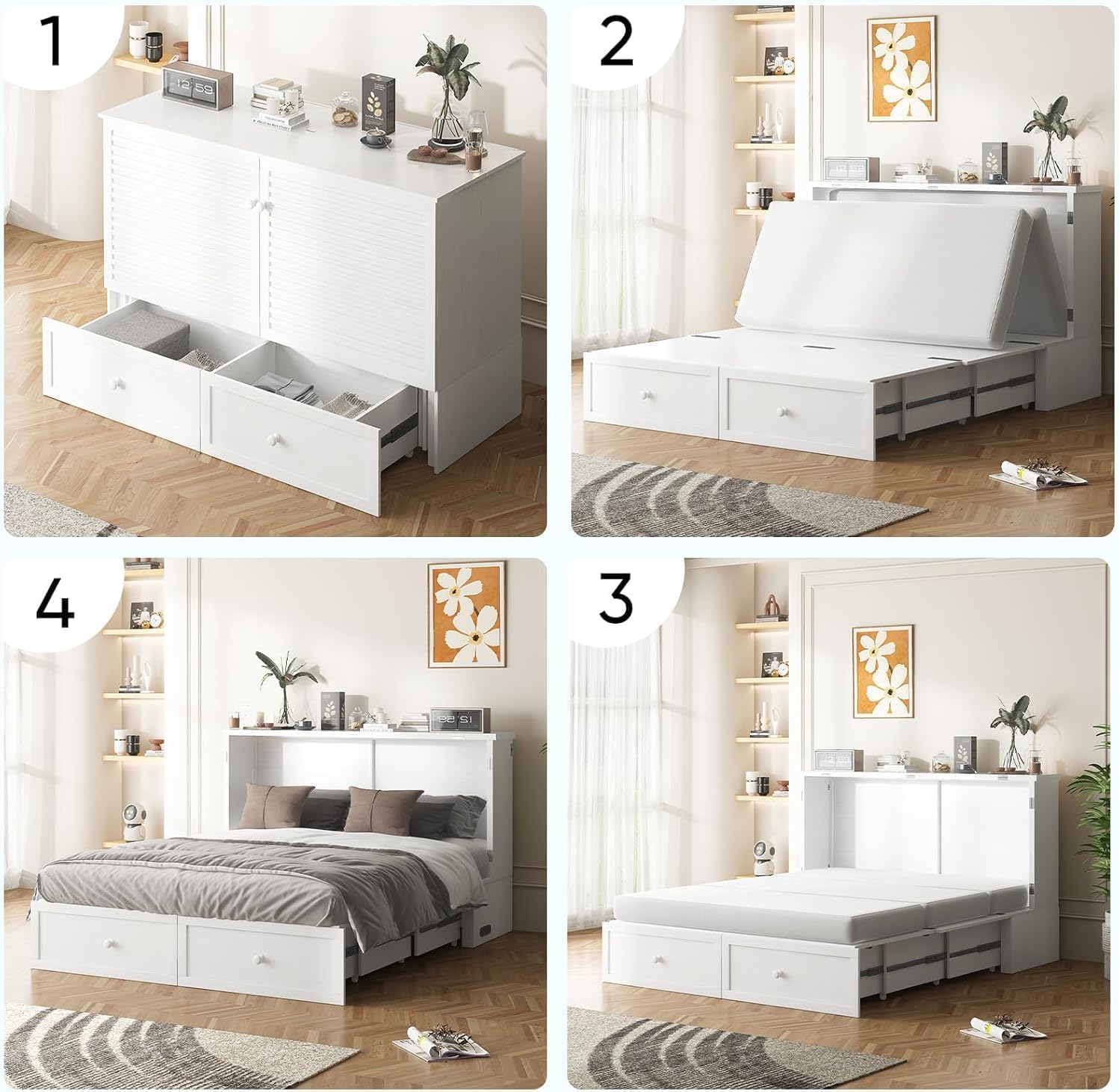 ijuicy Murphy Bed Queen with Foam Mattress, Convenient Murphy Bed Cabinet with Charging Station & Storage Board, Bed That Folds into Cabinet with Large Storage Drawer for Bedroom,Guest Room(White)