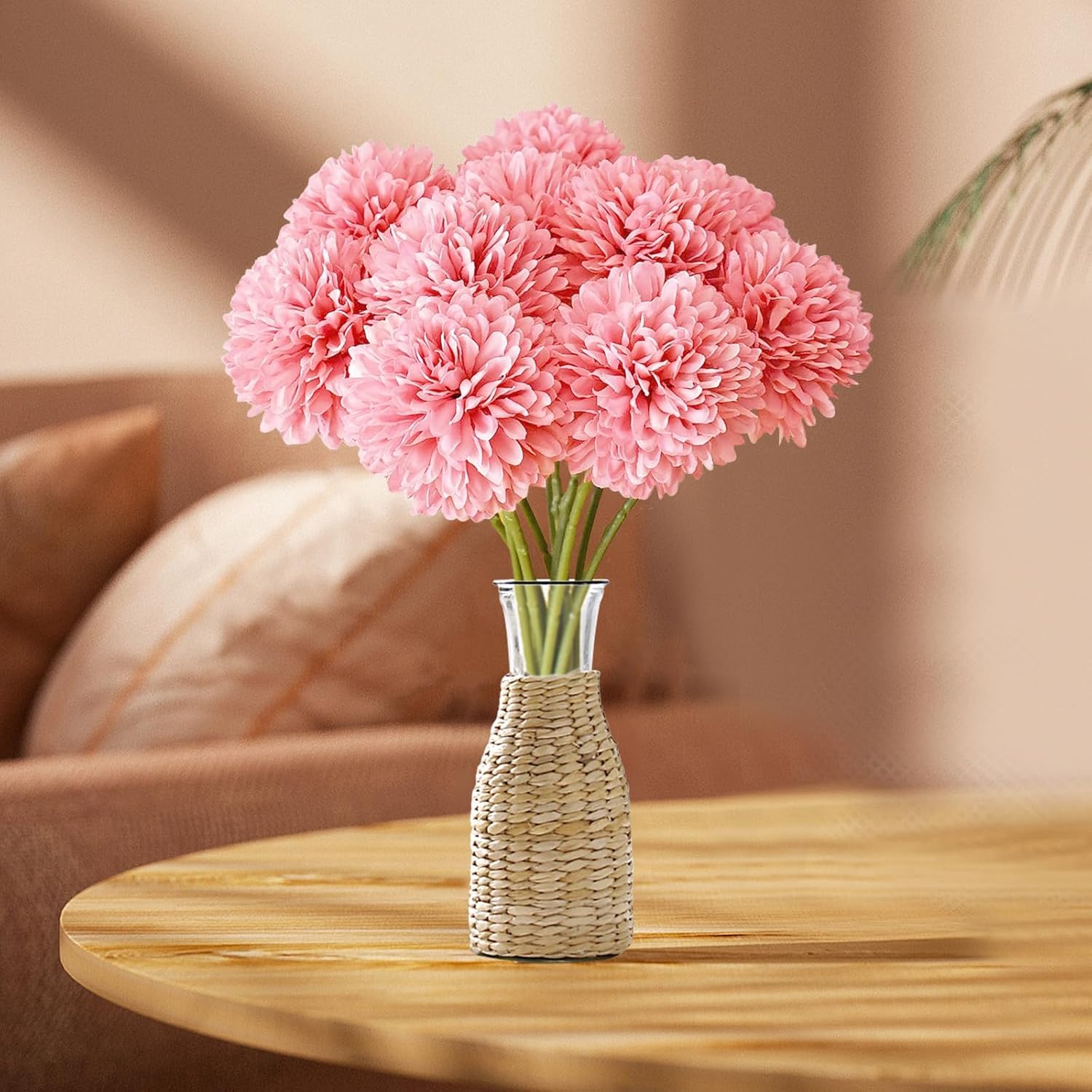 PacuM 12 Pcs Artificial Chrysanthemum Ball Flowers 28CM Artificial Flowers Faux Ball Chrysanthemum Bouquet Silk Bridal Wedding Bouquet for Home Garden Party Office Autumn Decor (Pink) - Image 3