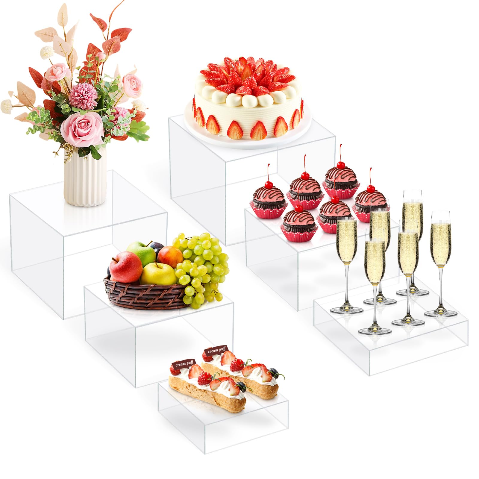 6 Stück Acryl-Display-Box, transparent, 15/18/20/23/25/28 cm Buffet-Erhöhungen, hohler Boden, Acryl-Lebensmittelständer für Kuchen, Dessert, für Party, Outdoor, Veranstaltungen,