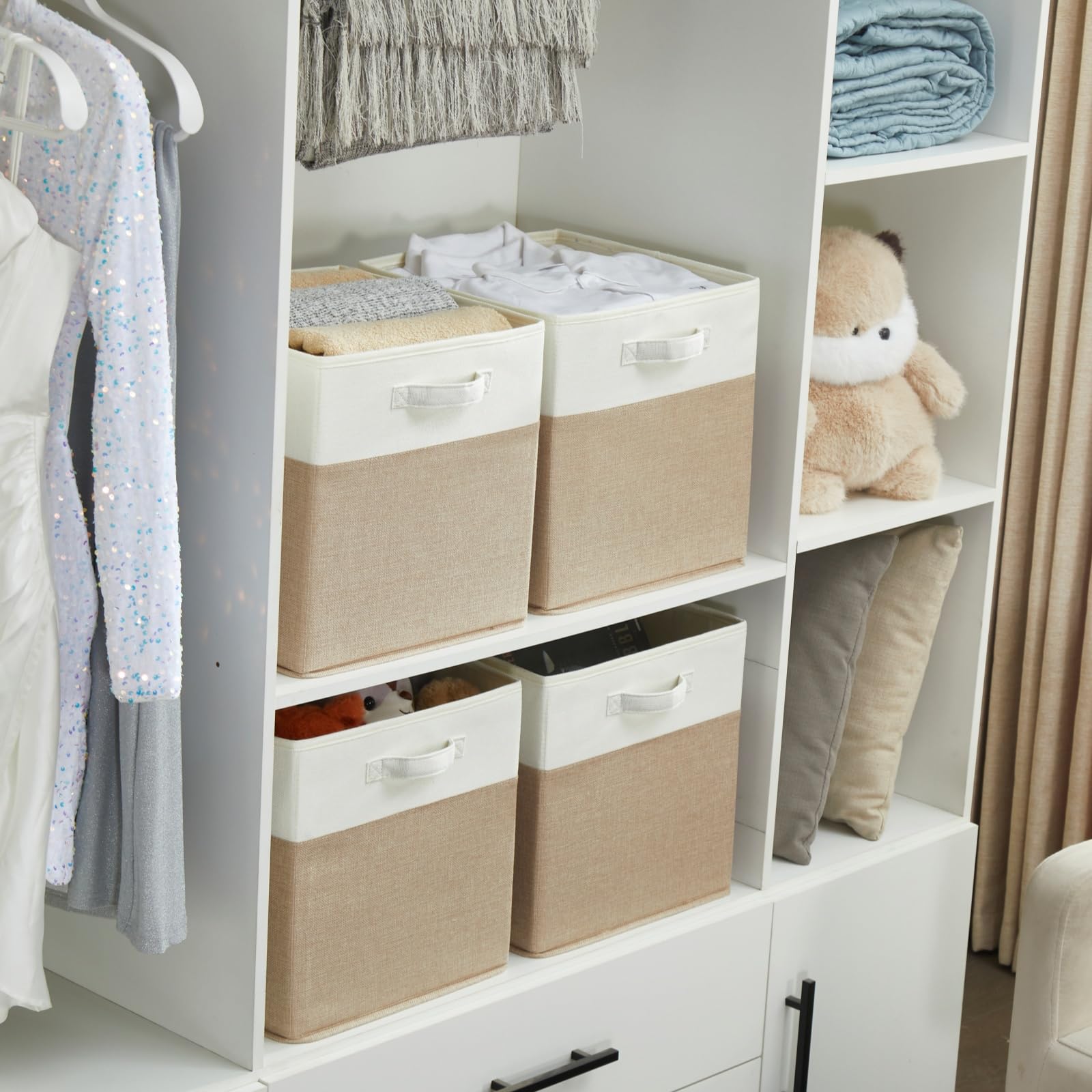 Cube de Rangement Tissu 33x38x33cm, Panier Cube de Rangement, Boite rangement (Blanc kaki clair, Lot de 4)