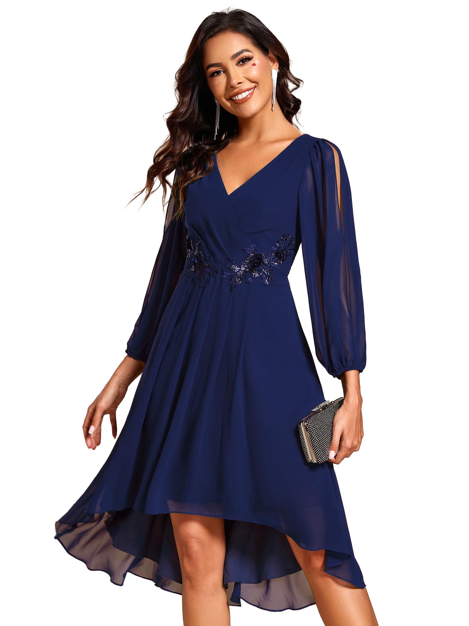 Ever-Pretty Vestito da Cerimonia Eleganti Abiti da Sera a Manica Lunga da Donna Davanti Corti e Posteriori in Chiffon con Applicazioni Lunghe EG02926
