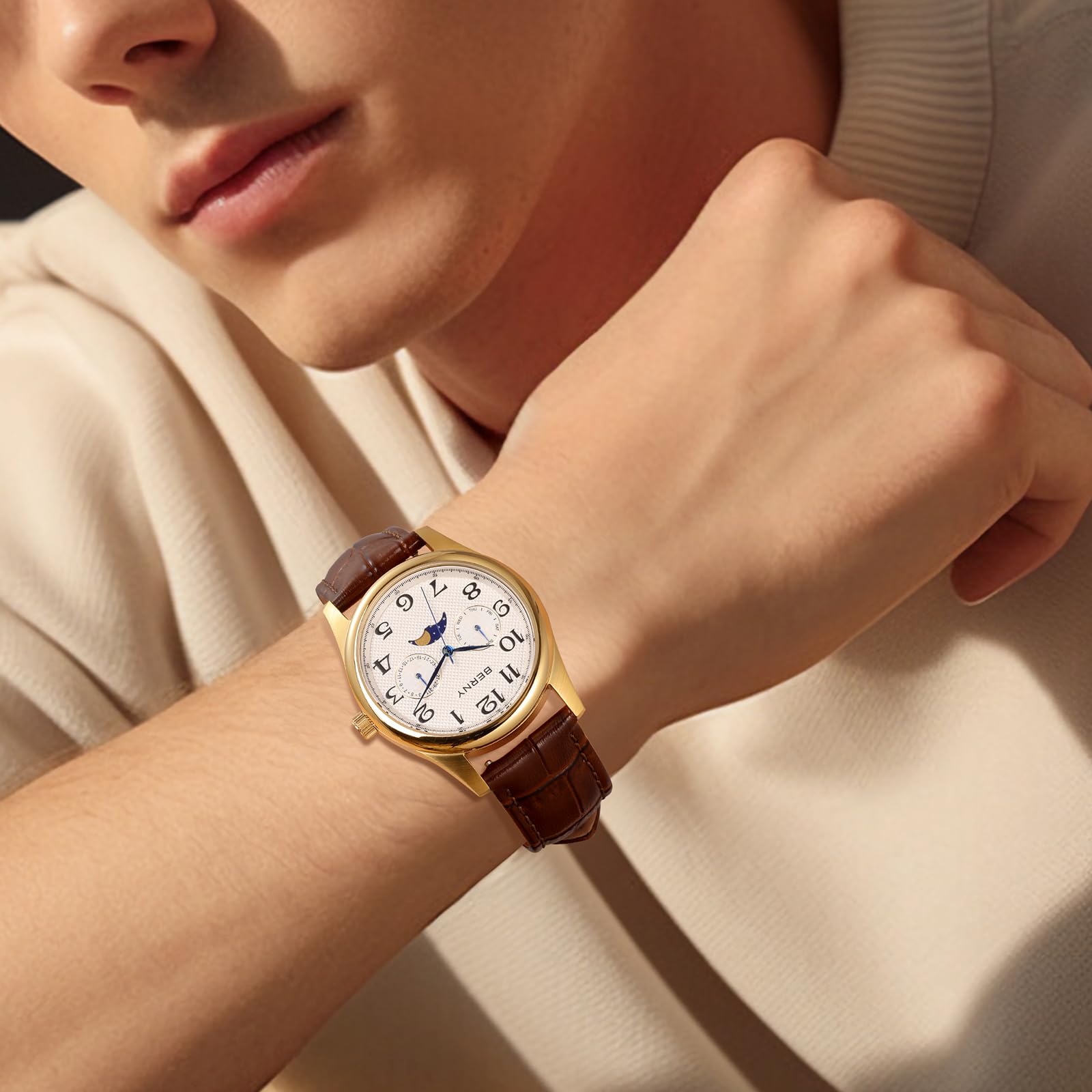 BERNY Reloj para Hombre Cuarzo Fase Lunar Masculino Reloj de Pulsera Dial Analógico de Fácil Lectura con Números Arábigos