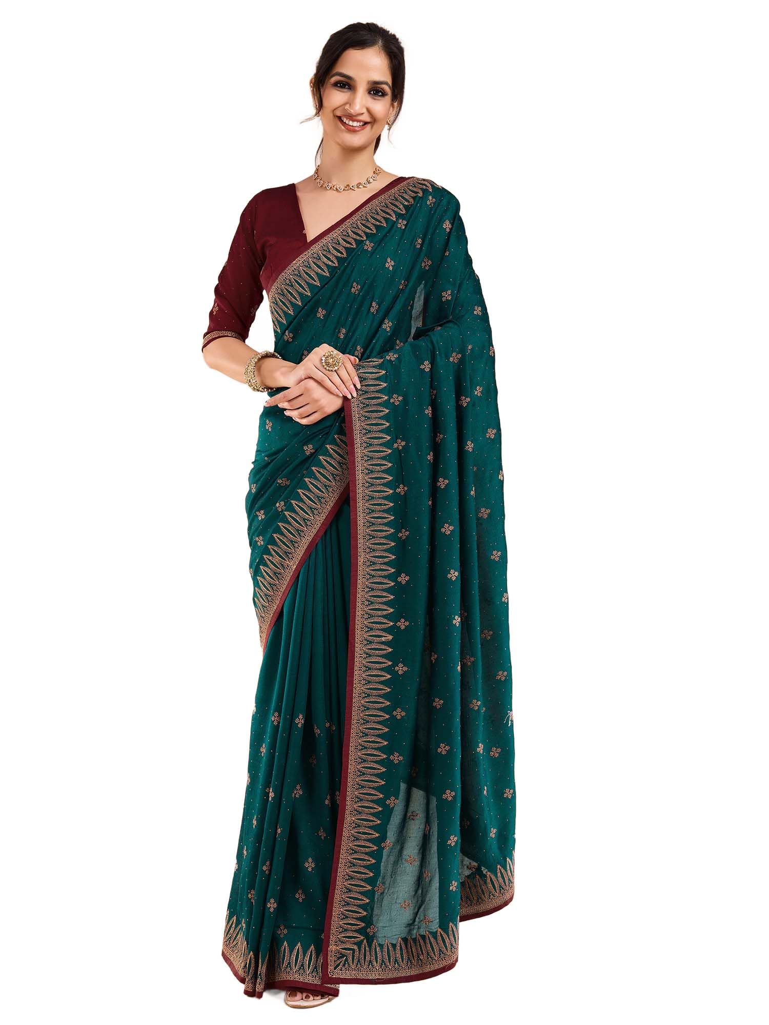 akhilam Women's Vichitra Silk Embroidered Saree With Unstitched Blouse Piece (RANI2801_RN_Parent)-picture-34