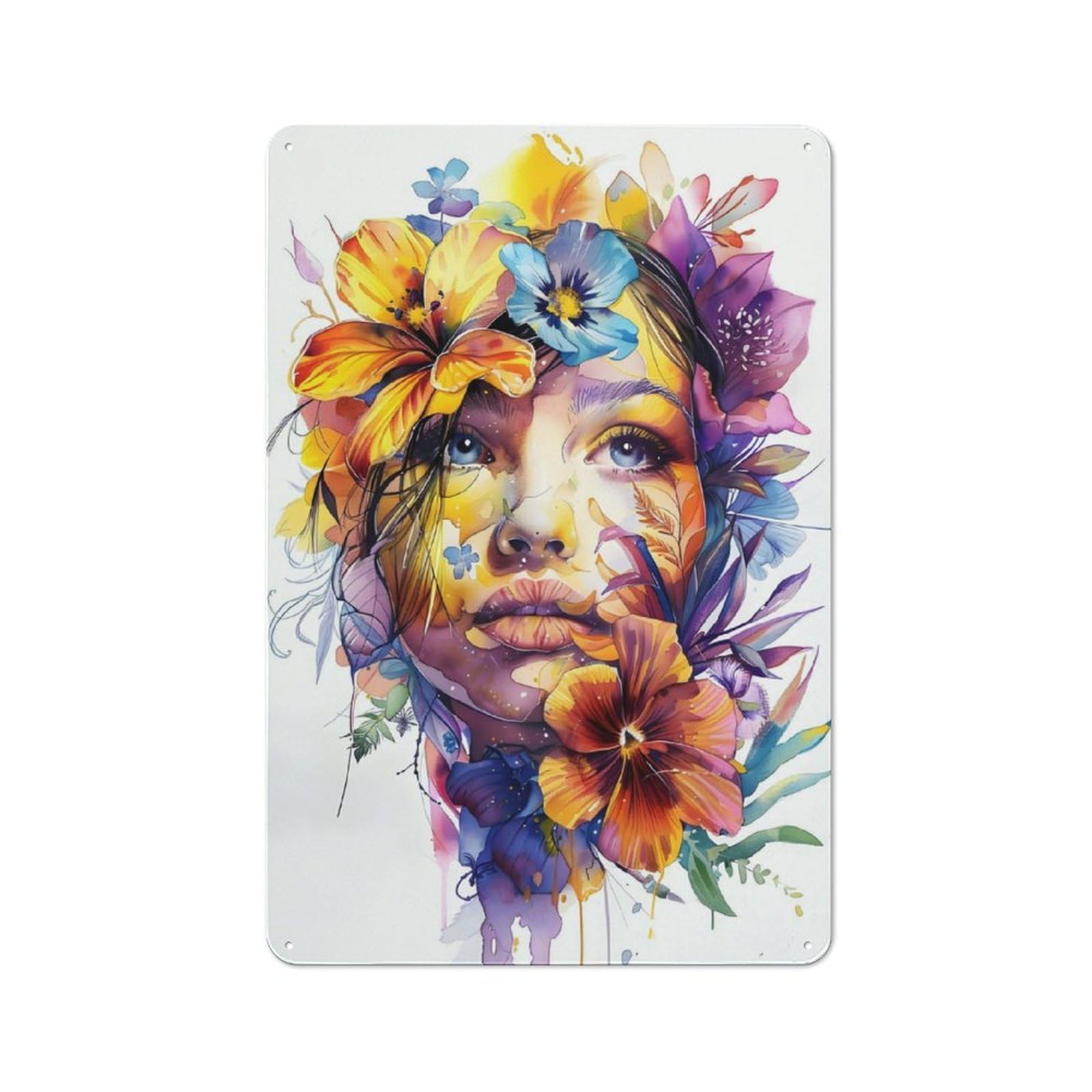 Junmoney Flowers Woman Watercolor Rustic Tin Wall Plaque 30X20cm For Café Or Restaurant, For Kitchen, Dining Room And Home Bar Wall Decor