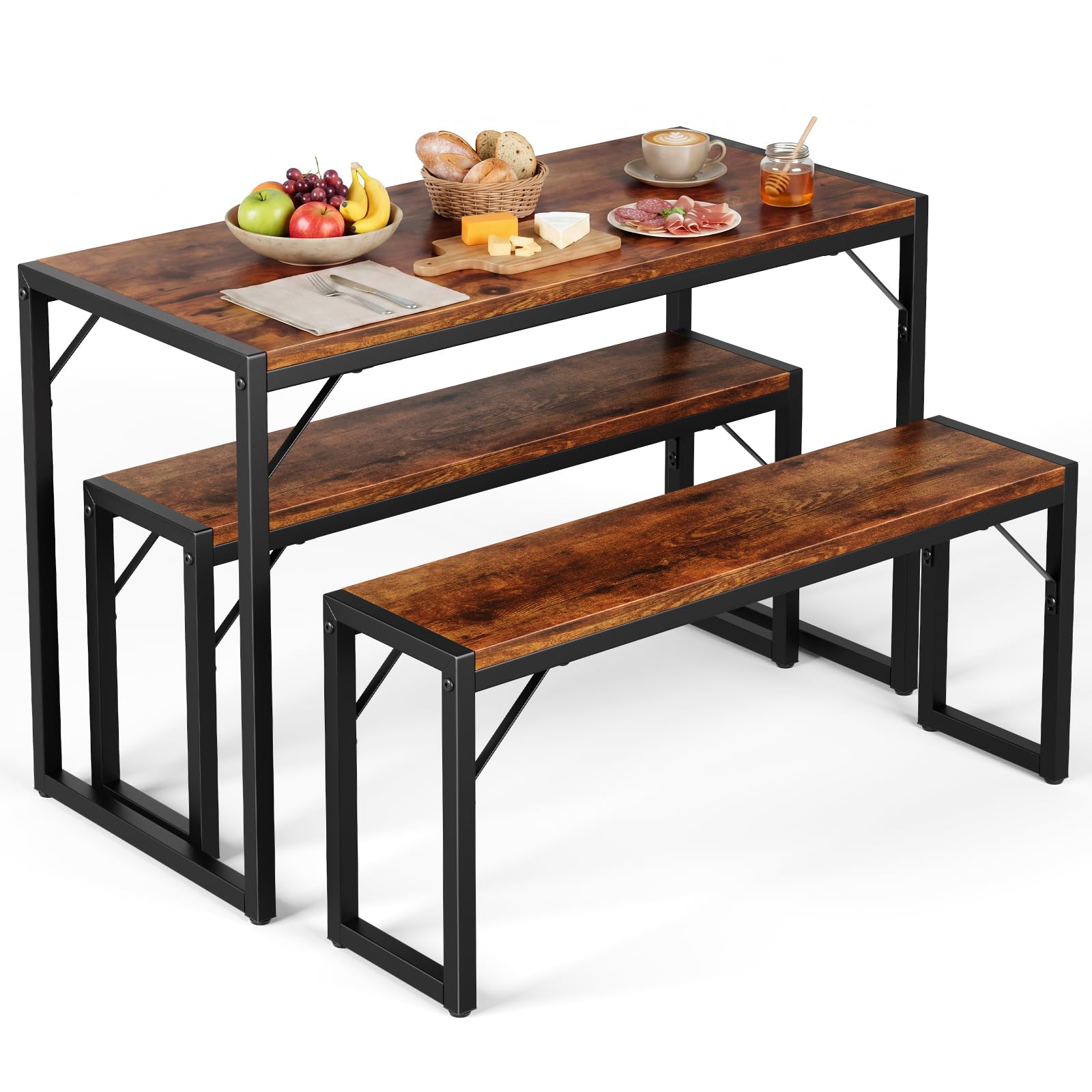 MAXLEAD Space Saving Dining Table with 2 Benches, Rustic Wooden Kitchen Table Set for Breakfast Nook, Home Bar & Small Dining Room - Dark Wood