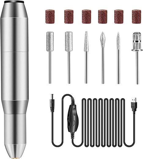 DELIFO Nail Drill Set,Electric Portable Nail File Drills Kit with 6 Heads & 6 Sanding Bands, Professional Manicure Pedicure Machine Tools for Acrylic Nails, Polishing Shape, USB Rechargeable