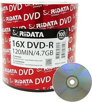 100 Pack Ridata DVD-R 16X 4.7GB 120 Min Silver Logo Top Blank Data Video Media Recordable Disc
