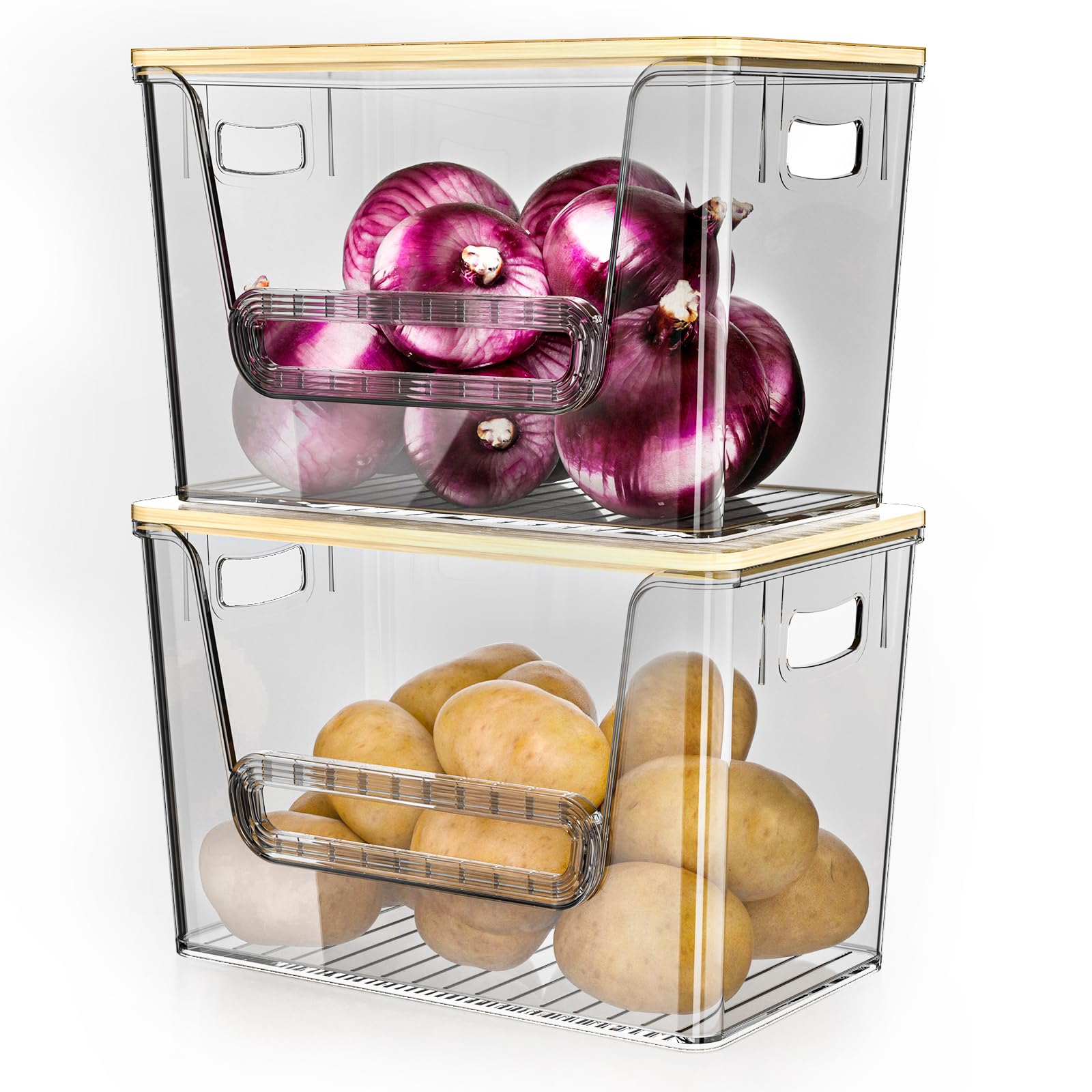 Delamu 2 Pack Fruit ＆ Vegetable Storage Basket, Kitchen Plastic Storage Baskets, Stackable Storage Bins with Bamboo Top for Potato and Onion Storage, 11.3" D x 6.9" W x 7.3" H, Gray