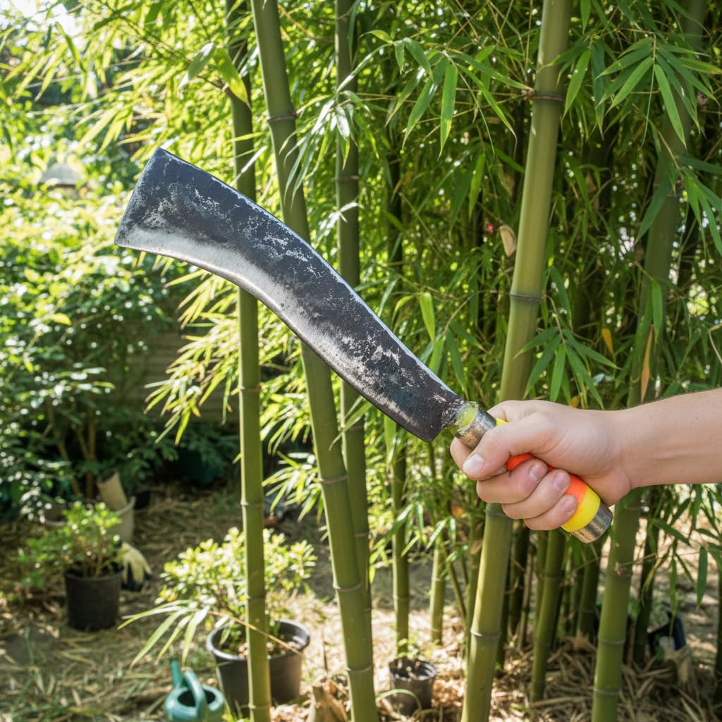 Handmade South Indian Billhook Knife | 8.6 Inch Forged Dark Grey Blade | Medium Size Multi-Purpose Kitchen & Outdoor Cutting Knife for Coconut, Wood, Tree Branches | Strong Plastic Handle-picture-19
