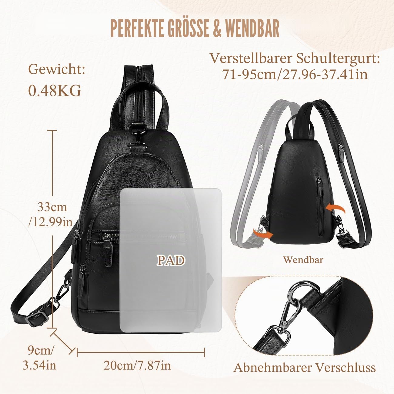 RAVUO Sling Bag Damen, PU Leder Brusttasche Rucksack Klein Frauen Brust Rucksack Kleine Umhängetasche Crossbody Bag für Outdoorsport, Reisen,Schwarz