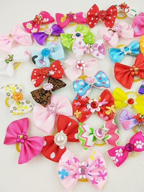 Foto 4 de 5 de U-K 50 unids/pack Pet Cat Dog Hair Bows Multicolor Rhinestone Beads Flores Topknot con bandas de goma…