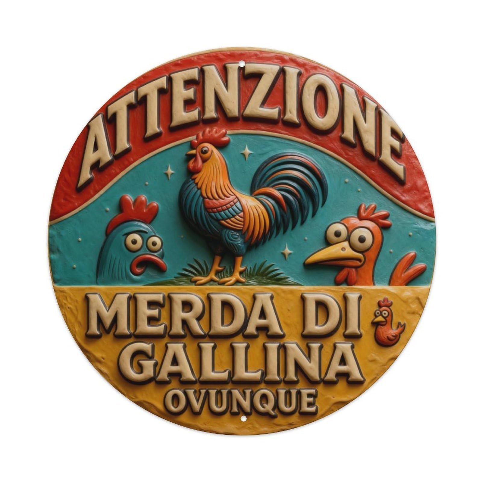 Attention Chicken Shit Everywhere Round Metal Tin Sign Vintage Wall Decor, Bar Garage Cafe Kitchen Home Wall Art Poster 8x8inches