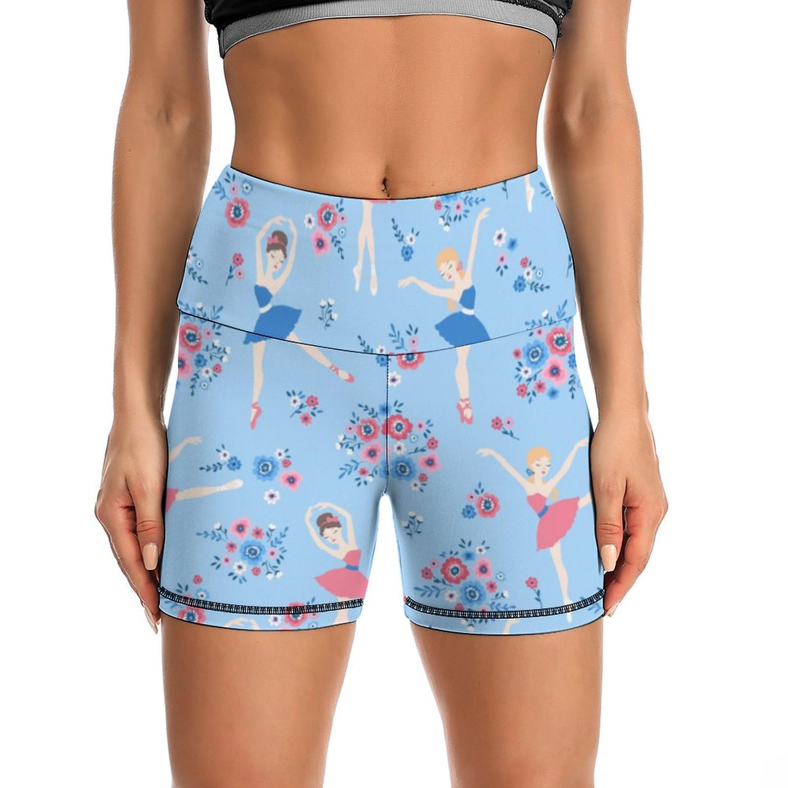 JYYAU Ballet Girl and Flower Pattern High Waist Yoga Shorts for Women Athletic Shorts Leggings Running Pants Black