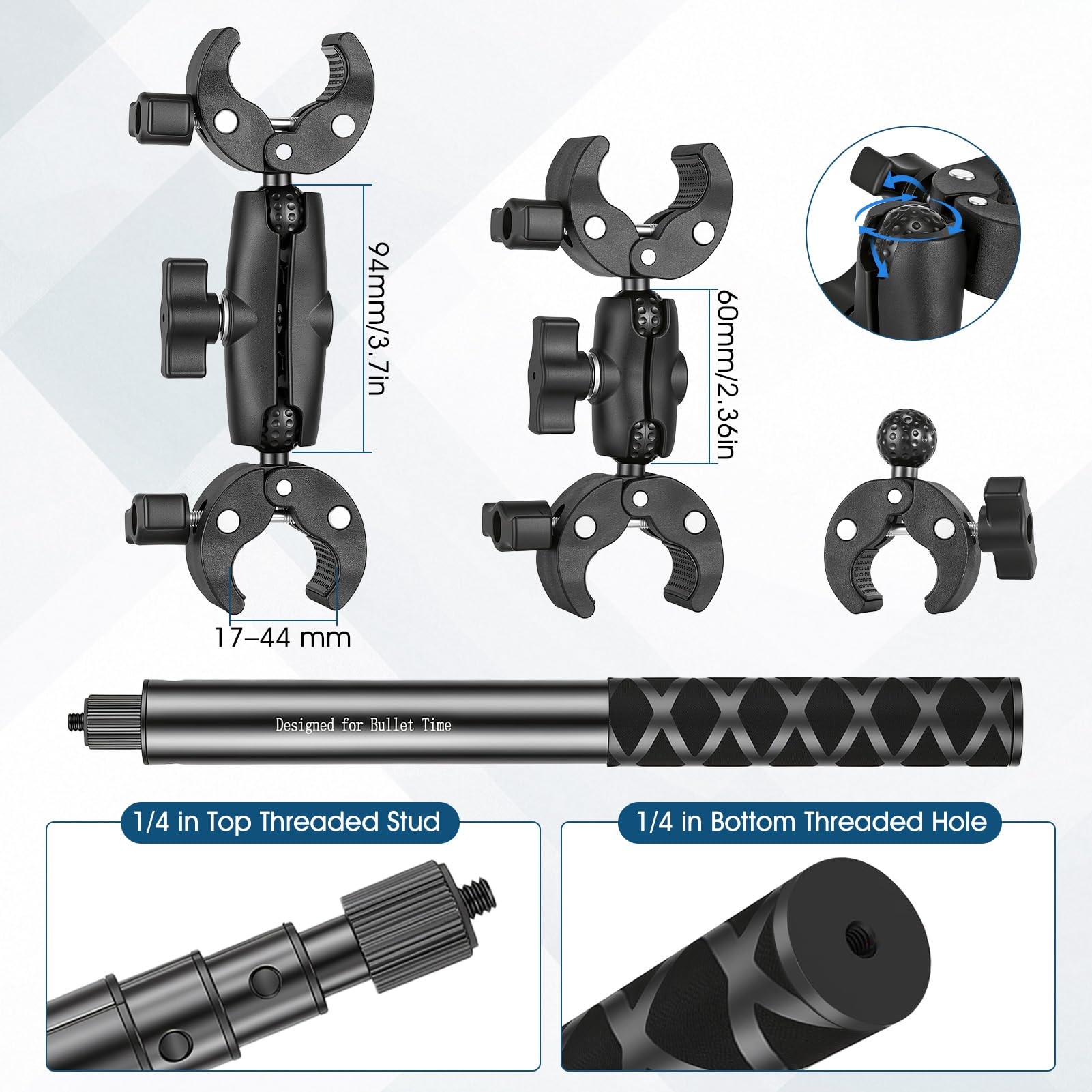 Uchwyt na kierownicę motocyklową, 120 cm, kijek do selfie, podwójny zacisk, regulowany, kompatybilny z Insta 360 X4 X5 X3 X2 Ace Pro One RS DJI Action 3 4 5 Pro Osmo 360 Hero Max