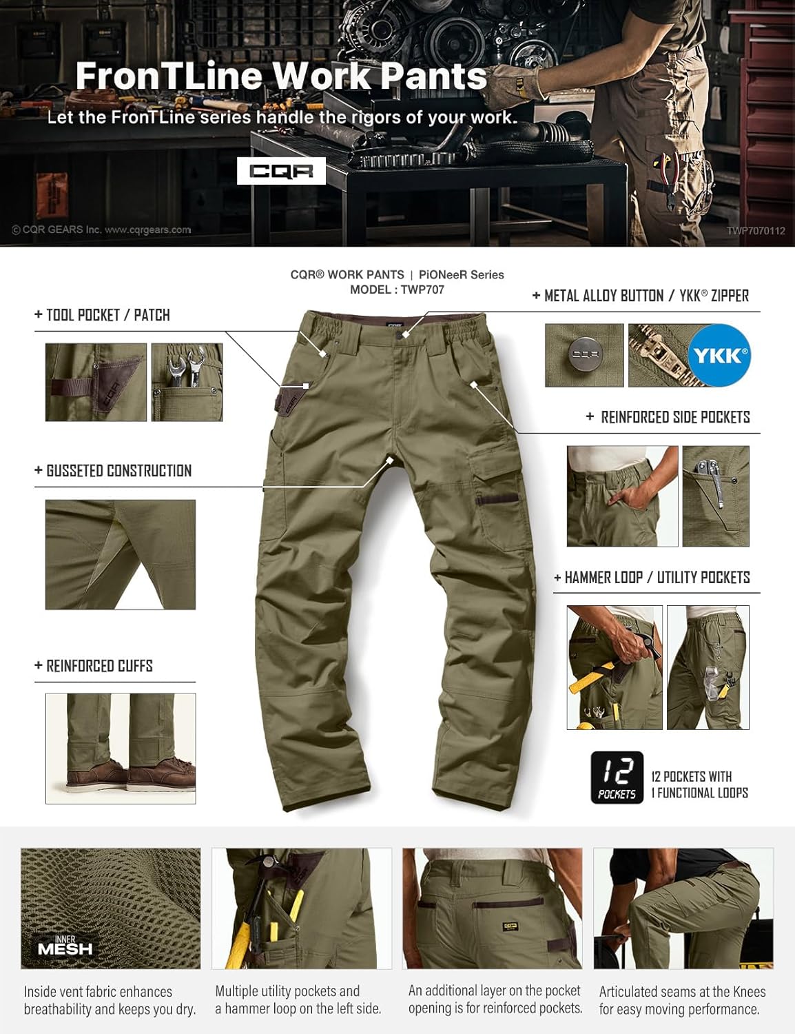 CQR Men's Quick Dry Work Pants, Water Resistant Outdoor Tactical Pants, Lightweight Stretch Cargo Hiking Pants - Image 9